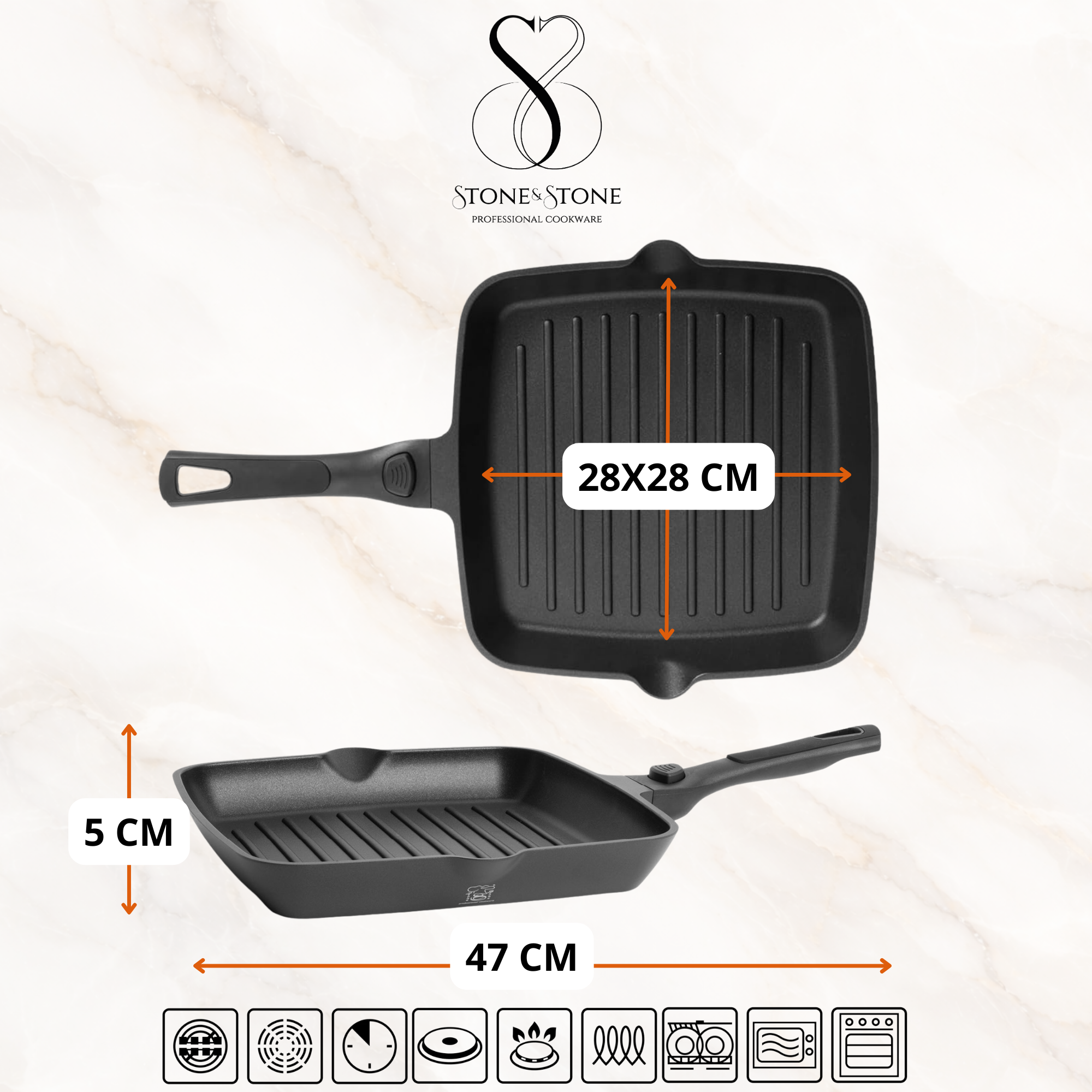 Stone&Stone Bistecchiera Quadrata Induzione cm 28 x 2CM, Con manico Removibile, Piastra Grill Induzione BBQ Antiaderente con Rivestimento Ceramico Tedesco, Fondo Acciaio Pieno, con Pinza, Gas e Forno, Senza PFAS PFOA PTFE