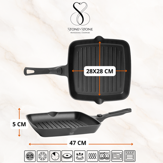 Stone&Stone Bistecchiera Quadrata Induzione cm 28 x 2CM, Con manico Removibile, Piastra Grill Induzione BBQ Antiaderente con Rivestimento Ceramico Tedesco, Fondo Acciaio Pieno, con Pinza, Gas e Forno, Senza PFAS PFOA PTFE