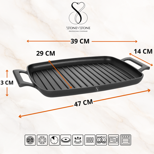 Stone&Stone Piastra Grill Induzione Rettangolare, Bistecchiera BBQ Professionale Super Antiaderente, Rivestimento Tedesco Greblon, Fondo Acciaio Pieno, Forno e Gas, Senza PFAS, PTFE e PFOA + pinza