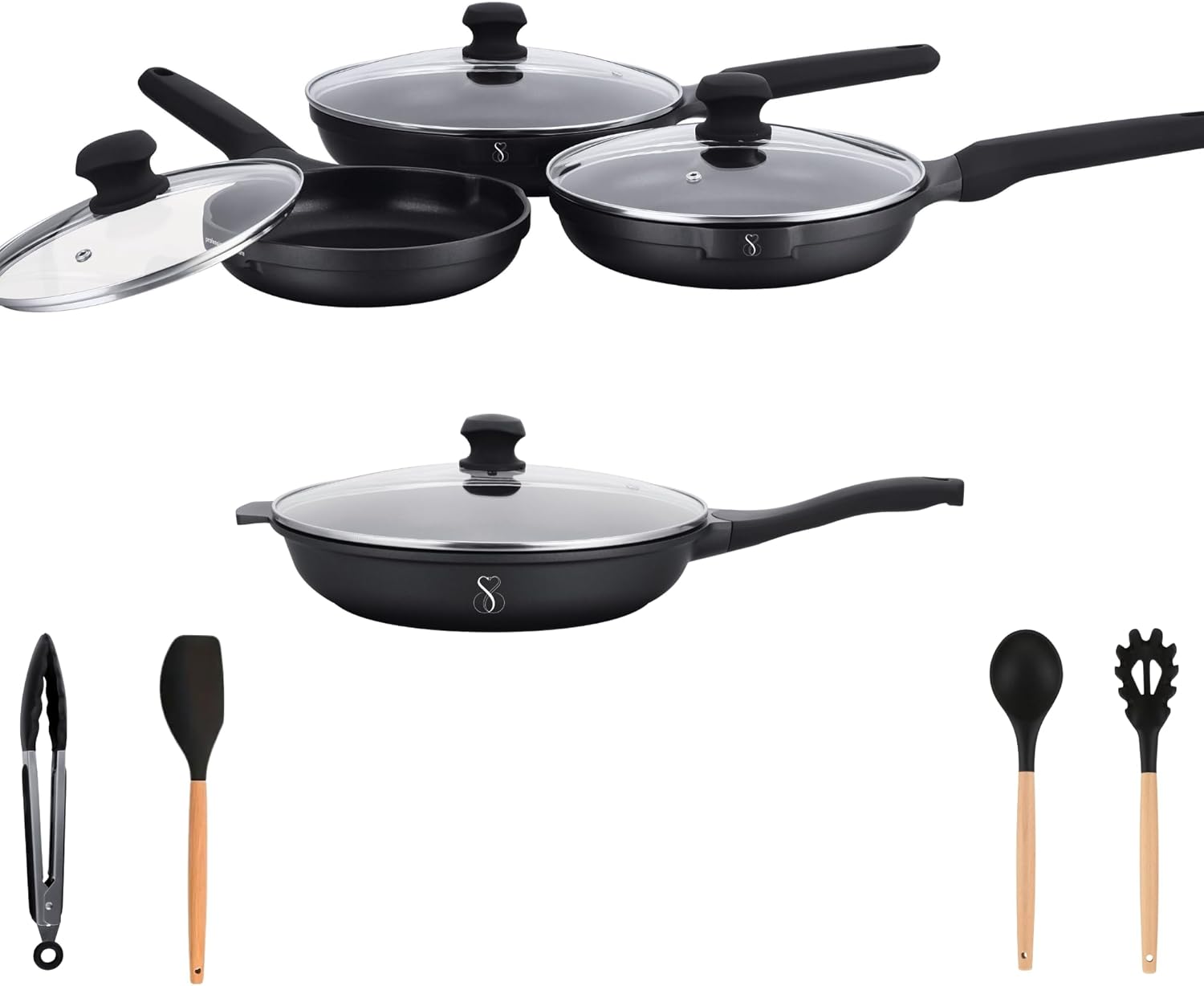 Stone&Stone Set 4 Padelle Antiaderenti 20cm/24cm/28cm/32cm, Batteria di Padelle Professionale, Induzione e Gas, Rivestimento Tedesco Super Antiaderente, Senza PFAS, PTFE e PFOA + 4 Coperchi 4 Utensili