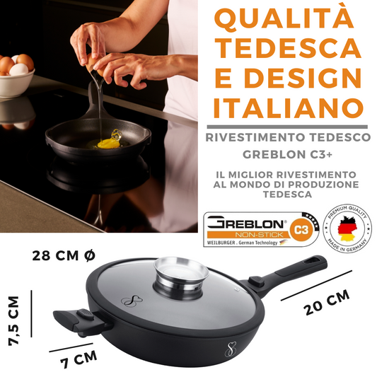 PADELLA 28 CM ALTA 7,5 CM  Antiaderente, 2 manici rimovibili in pietra fondo a induzione in acciaio,Antiaderente in pietra fondo a induzione in acciaio + coperchio