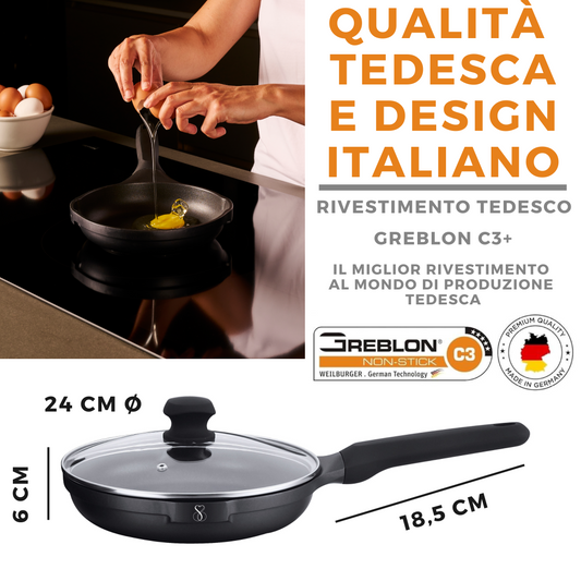 PADELLA 24 CM Antiaderente in pietra fondo a induzione in acciaio, Antiaderente in pietra fondo a induzione in acciaio + coperchio