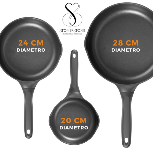 SET DI PADELLE 20-24-28 CM Antiaderente in pietra fondo a induzione in acciaio + coperchio