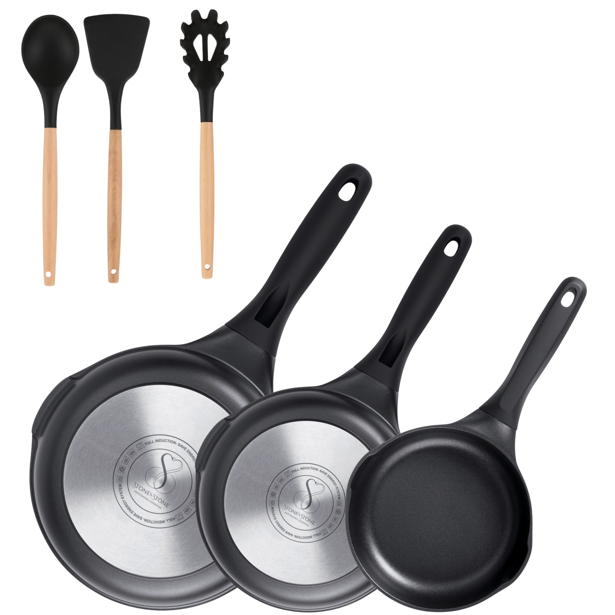 SET DI PADELLE 20-24-28 CM Antiaderente in pietra fondo a induzione in acciaio + coperchio