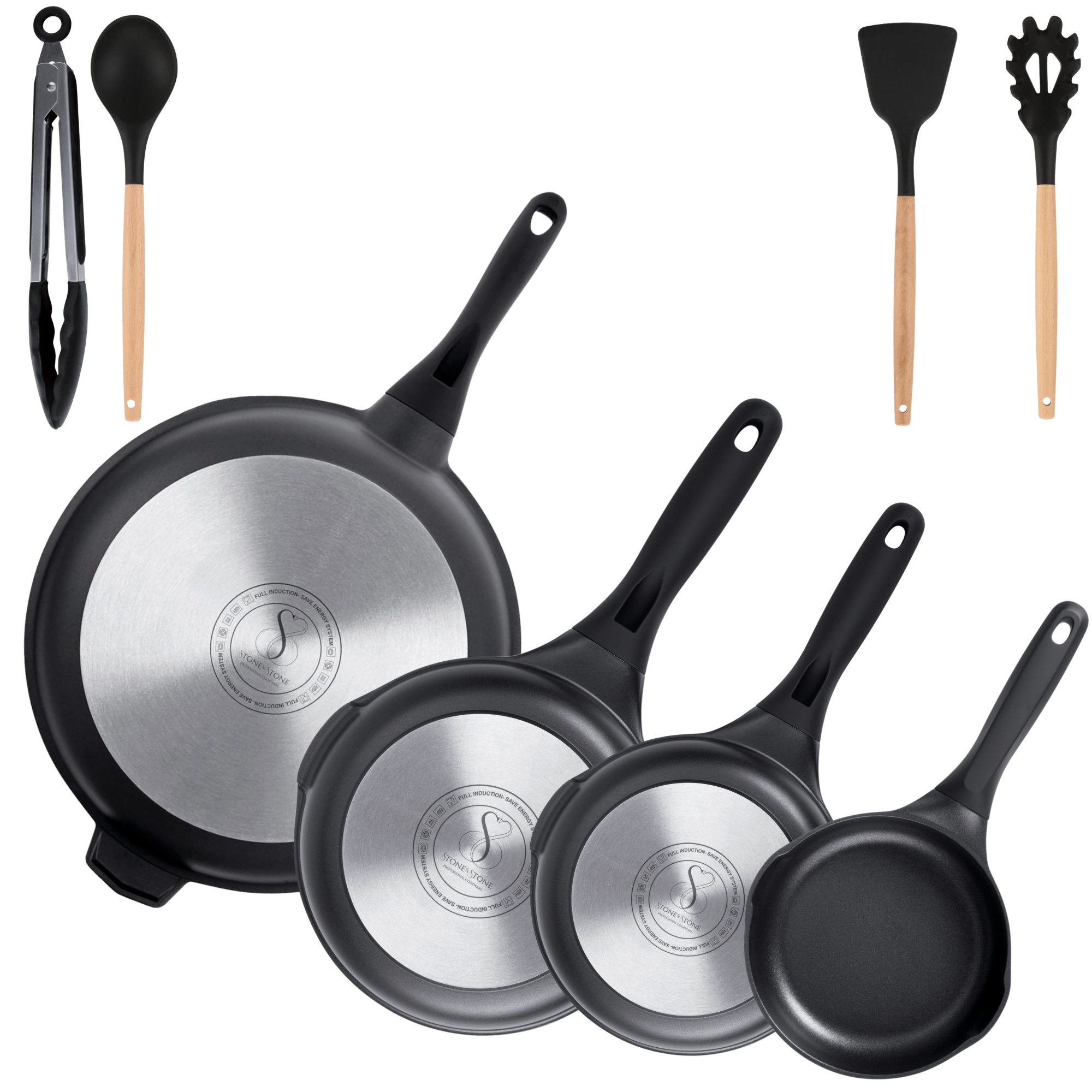 Stone&Stone Set 4 Padelle Antiaderenti 20cm/24cm/28cm/32cm, Batteria di Padelle Professionale, Induzione e Gas, Rivestimento Tedesco Super Antiaderente, Senza PFAS, PTFE e PFOA + 4 Coperchi 4 Utensili