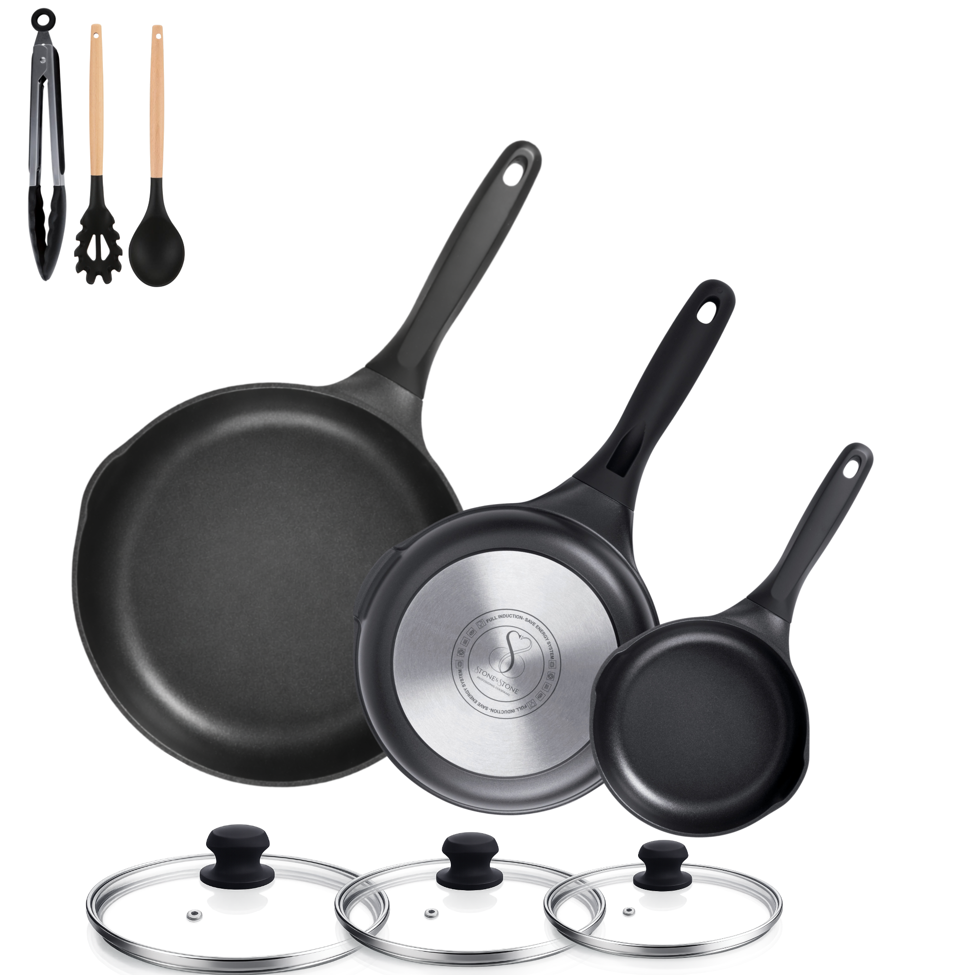 SET DI PADELLE 20-24-28 CM Antiaderente in pietra fondo a induzione in acciaio + coperchio