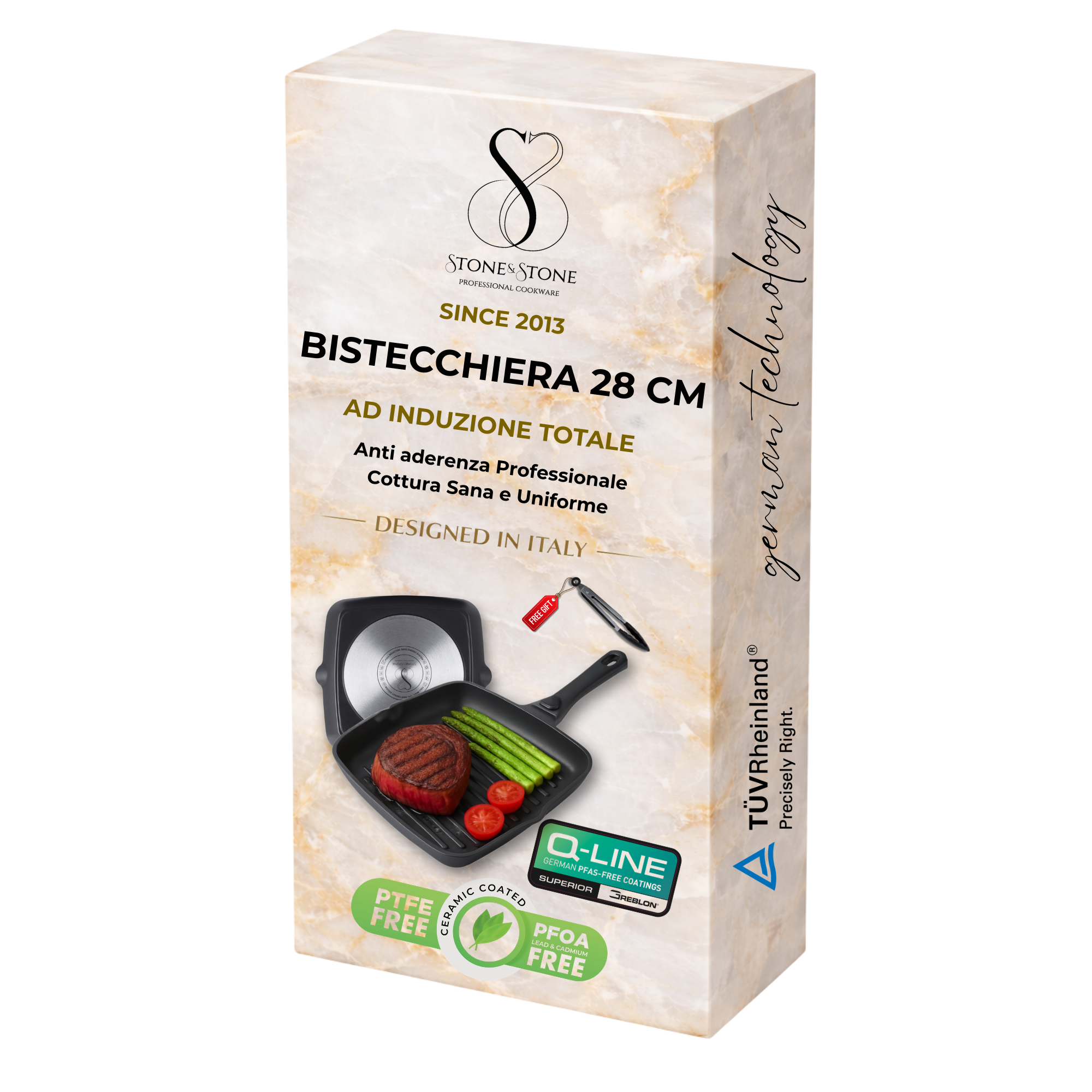Stone&Stone Bistecchiera Quadrata Induzione cm 28 x 2CM, Con manico Removibile, Piastra Grill Induzione BBQ Antiaderente con Rivestimento Ceramico Tedesco, Fondo Acciaio Pieno, con Pinza, Gas e Forno, Senza PFAS PFOA PTFE