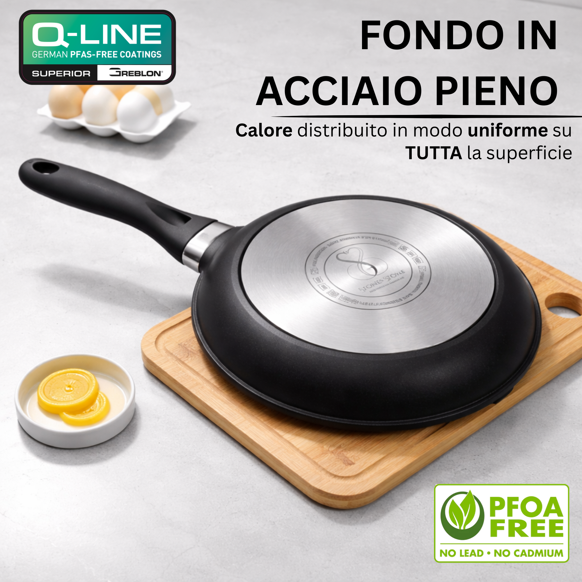 Stone&Stone Padella Antiaderente 20 cm, Rivestimento Tedesco GREBLON Q-LINE CK 3000 Superior, Fondo in Acciaio per Induzione e Gas, Senza PFAS, PTFE e PFOA, con Coperchio