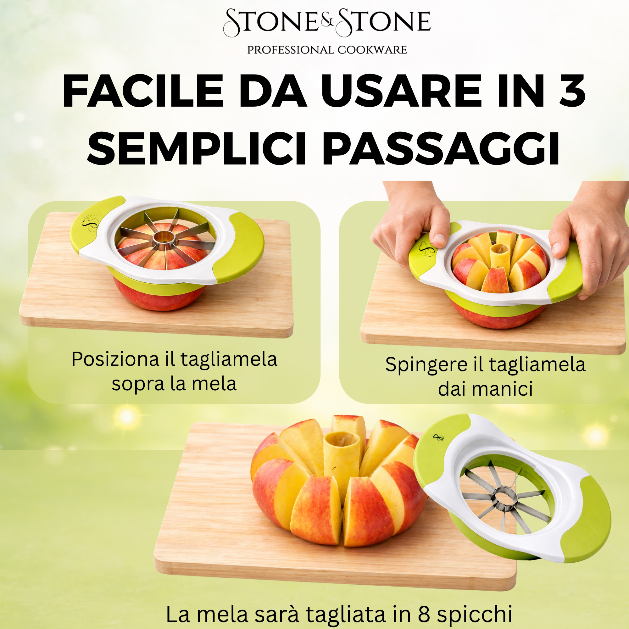 Pelapatate E Tagliamele A Manovella Verde Chiaro – 3 Funzioni (Sbuccia, Taglia E Toglie Torsolo), In PP E Acciaio Inox