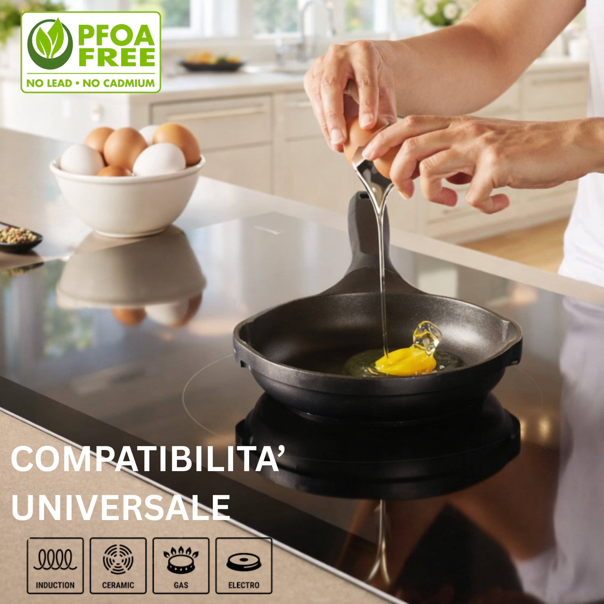 Stone&Stone Padella 24 cm per Induzione e gas | Super Antiaderente Ceramico Tedesco Professionale | Priva PFOA - PFAS - PTFE | Fondo in acciaio pieno | Coperchio in Vetro + Cucchiaio