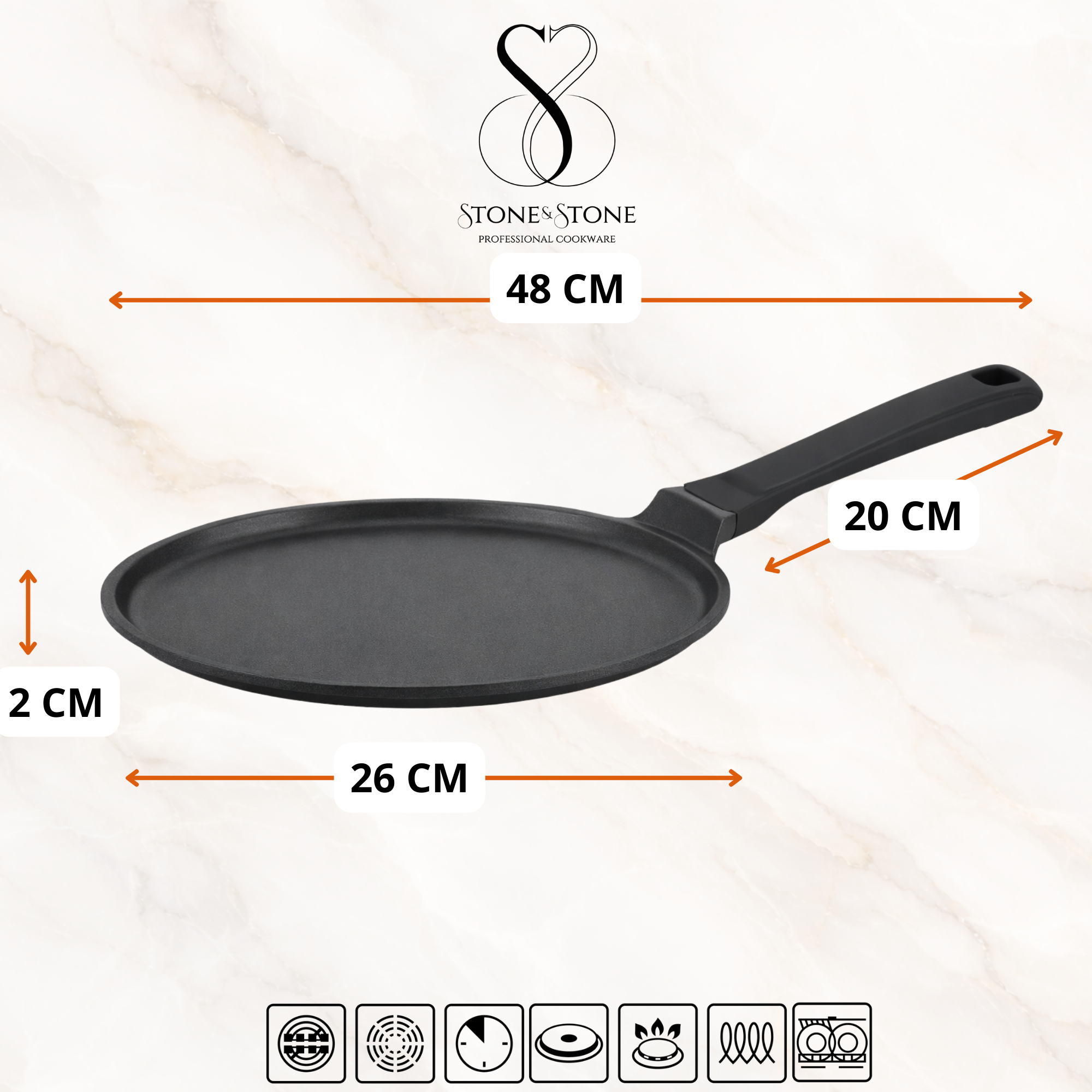 Stone&Stone Padella per Crepes e Pancake 26cm super Antiaderente per Induzione e gas | Crepiera con rivestimento Ceramico Tedesco | Senza PFOA PFAS PTFE | Spatola e Stendi Pastella Inclusi