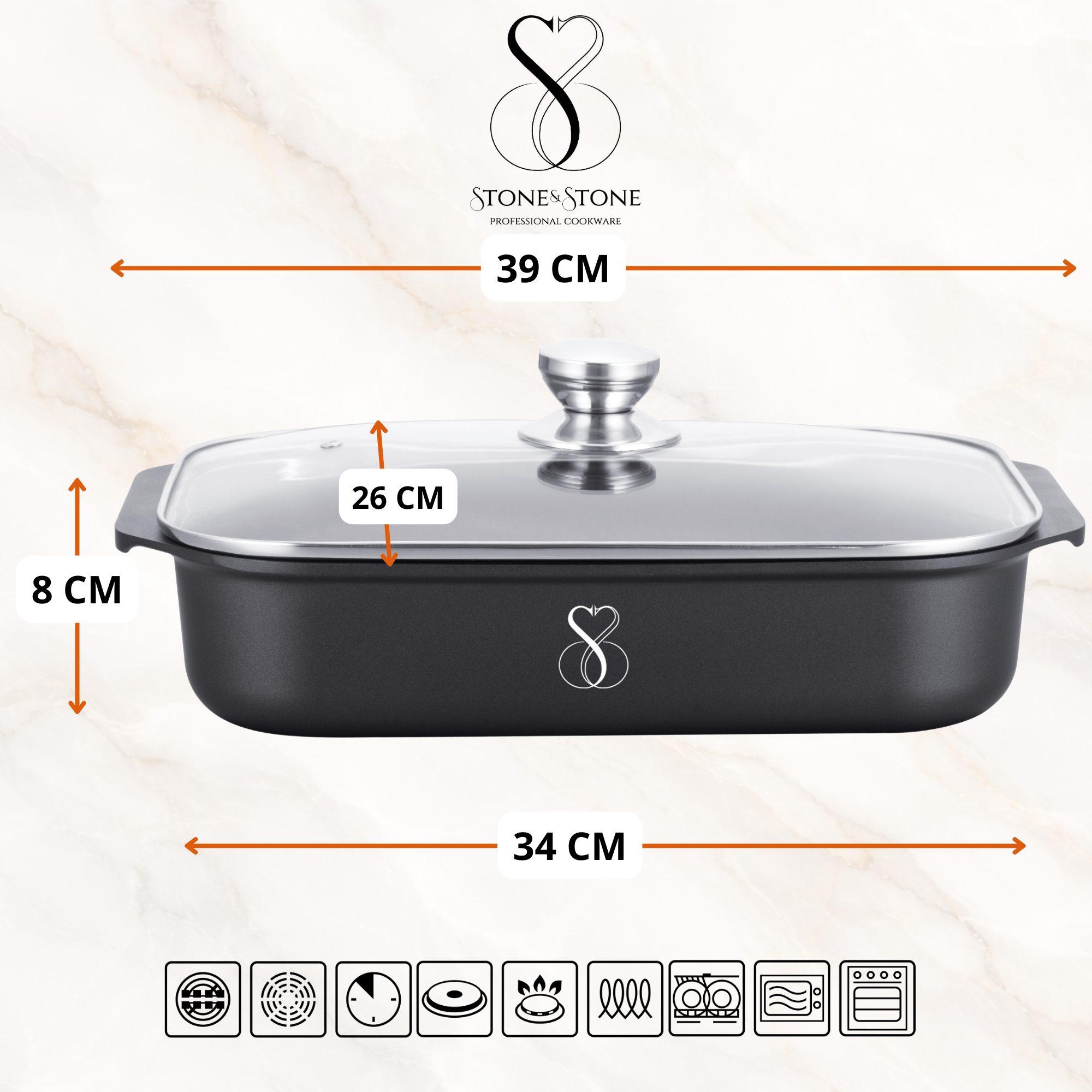 Stone&Stone Teglia Forno Rettangolare 34x8cm in alluminio | Super Antiaderente Tedesco | Pirofila Lasagnera Rostiera | Priva di PTFE - PFOA - PFAS | Induzione Gas Forno | Coperchio 2 Presine, Spatola