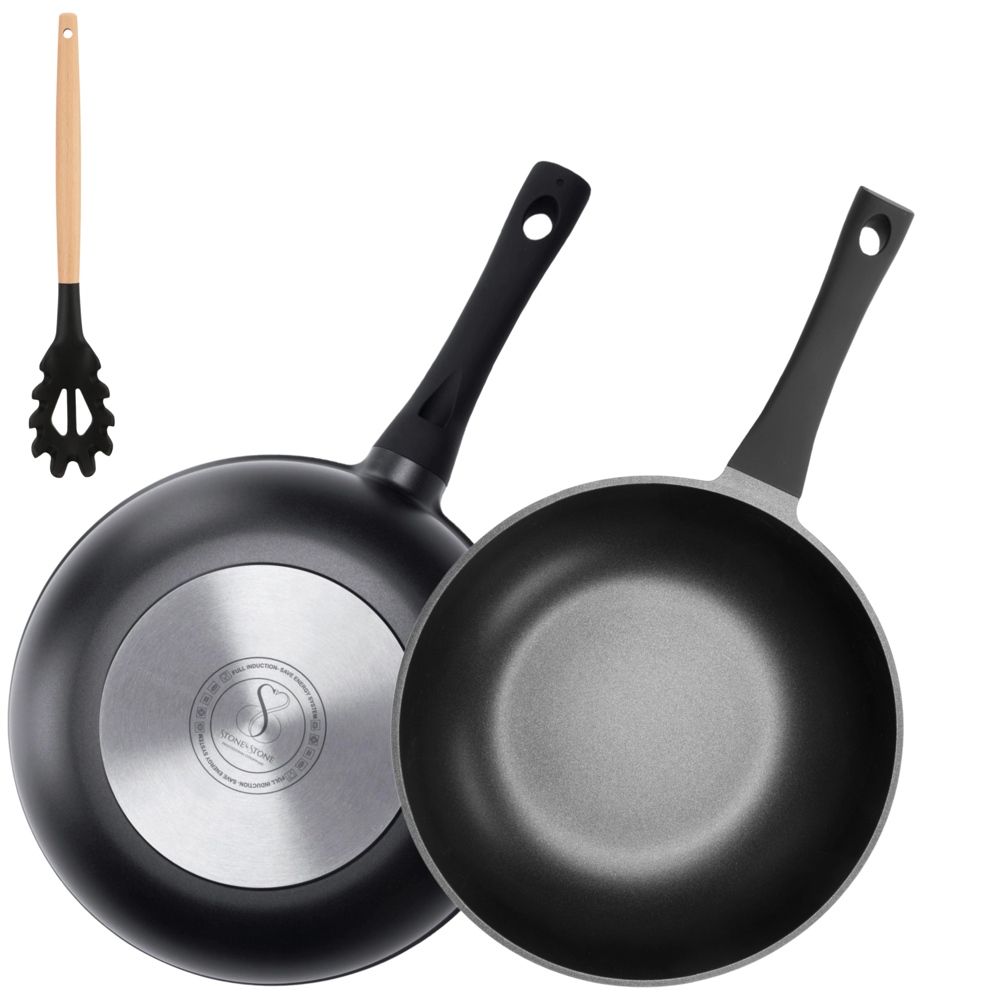 Stone&Stone Padella Wok Antiaderente Induzione 30 cm | Cucina Sana Senza Olio né Grassi | Rivestimento Tedesco Ultra Antiaderente GREBLON C3+ Ideale per Saltare e Cotture Light + Coperchio e Cucchiaio