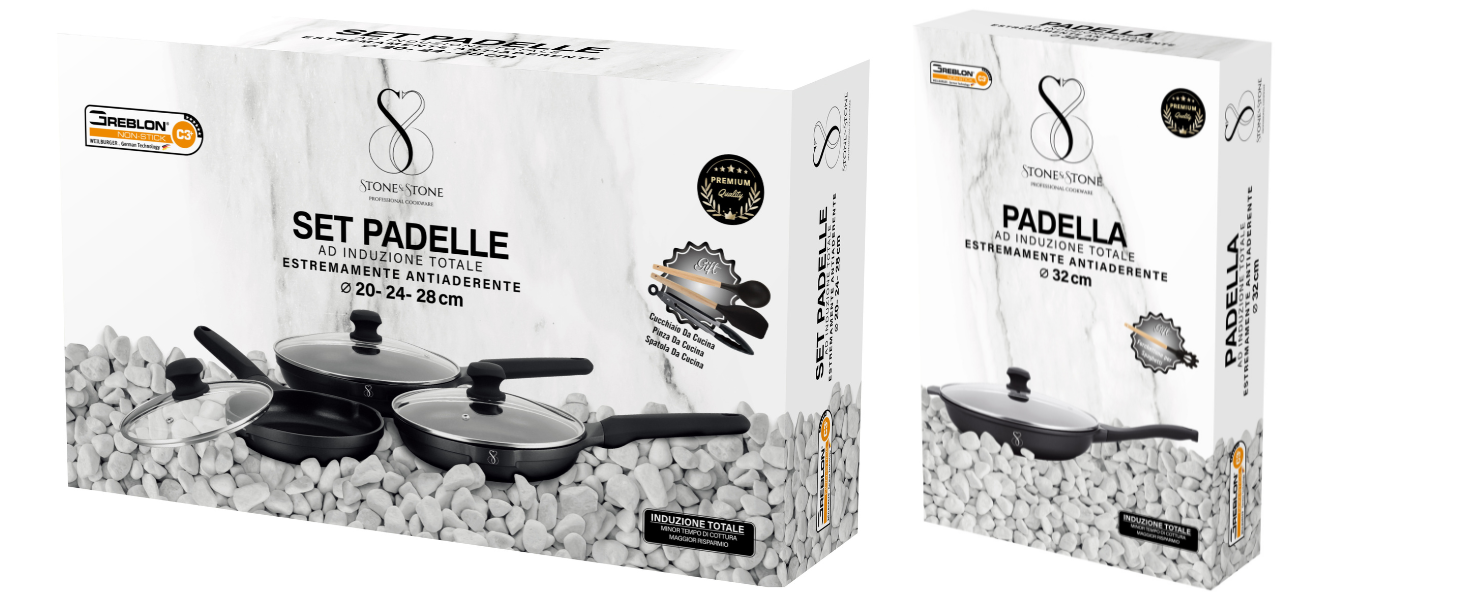 SET DI PADELLE 20-24-28-32 CM Antiaderente in pietra fondo a induzione in acciaio + 4 coperchi + 4 Utensili da cucina