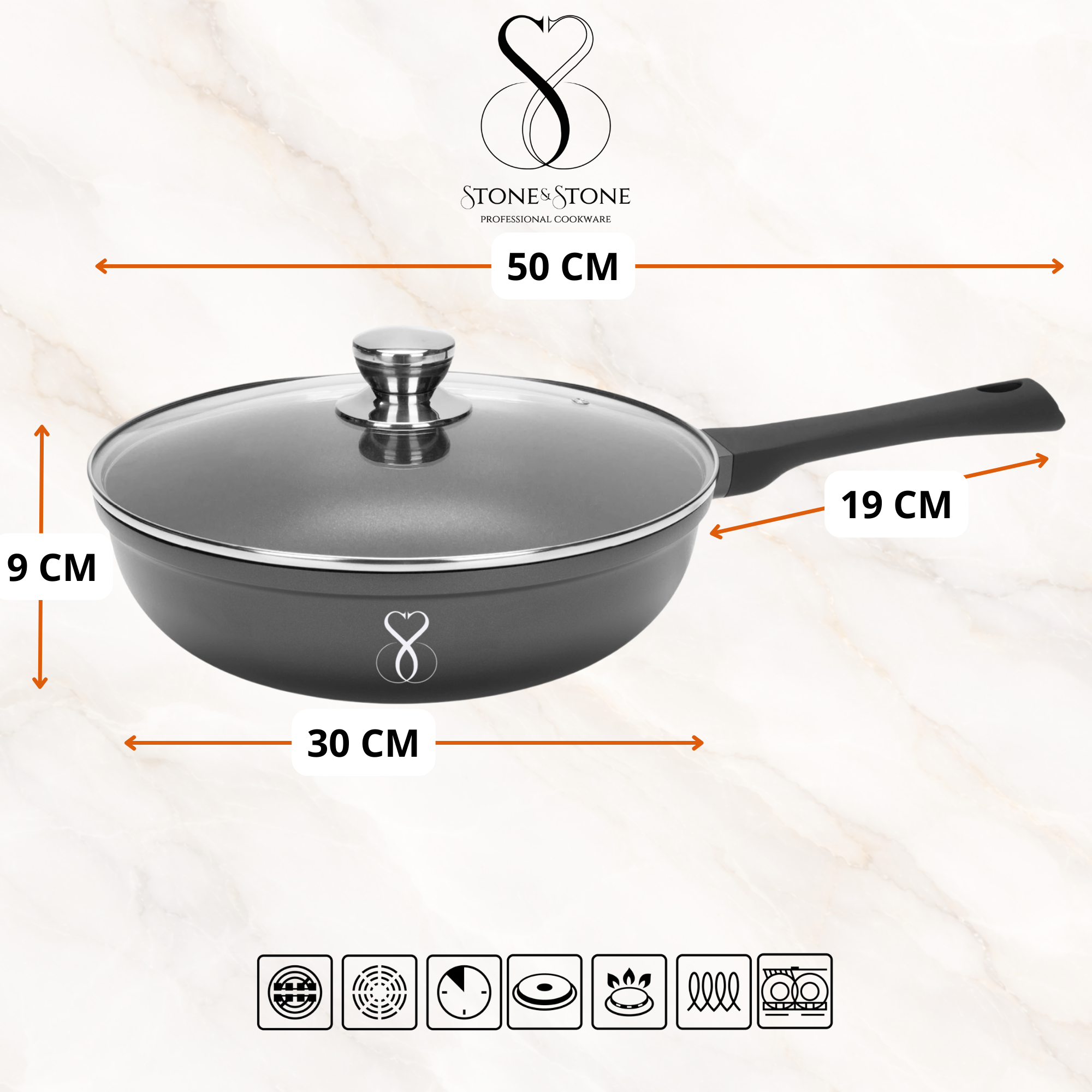 Stone&Stone Padella Wok Antiaderente Induzione 30 cm | Cucina Sana Senza Olio né Grassi | Rivestimento Tedesco Ultra Antiaderente GREBLON C3+ Ideale per Saltare e Cotture Light + Coperchio e Cucchiaio
