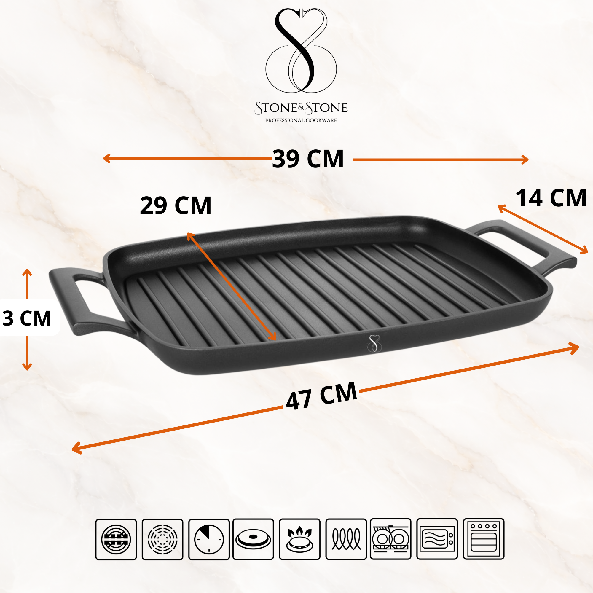 Stone&Stone Piastra Grill Induzione Rettangolare, Bistecchiera BBQ Professionale Super Antiaderente, Rivestimento Tedesco Greblon, Fondo Acciaio Pieno, Forno e Gas, Senza PFAS, PTFE e PFOA + pinza