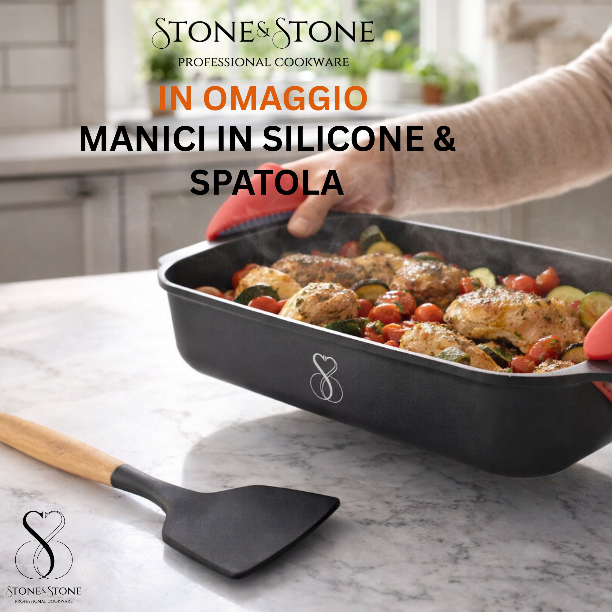 Stone&Stone Teglia Forno Rettangolare 34x8cm in alluminio | Super Antiaderente Tedesco | Pirofila Lasagnera Rostiera | Priva di PTFE - PFOA - PFAS | Induzione Gas Forno | Coperchio 2 Presine, Spatola