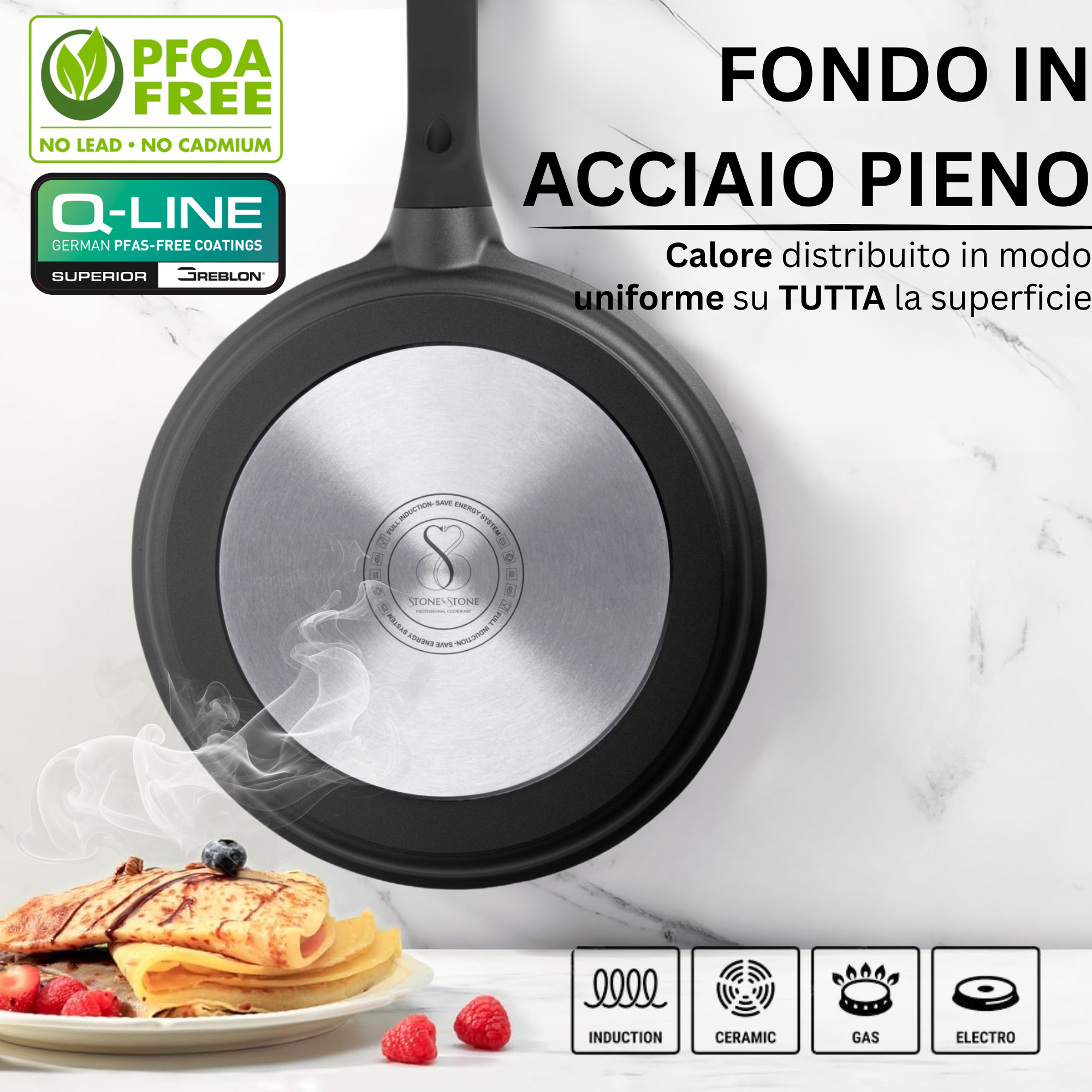 Stone&Stone Padella per Crepes e Pancake 26cm super Antiaderente per Induzione e gas | Crepiera con rivestimento Ceramico Tedesco | Senza PFOA PFAS PTFE | Spatola e Stendi Pastella Inclusi