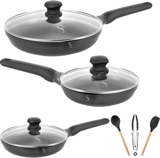 SET DI PADELLE 20-24-28 CM Antiaderente in pietra fondo a induzione in acciaio + coperchio