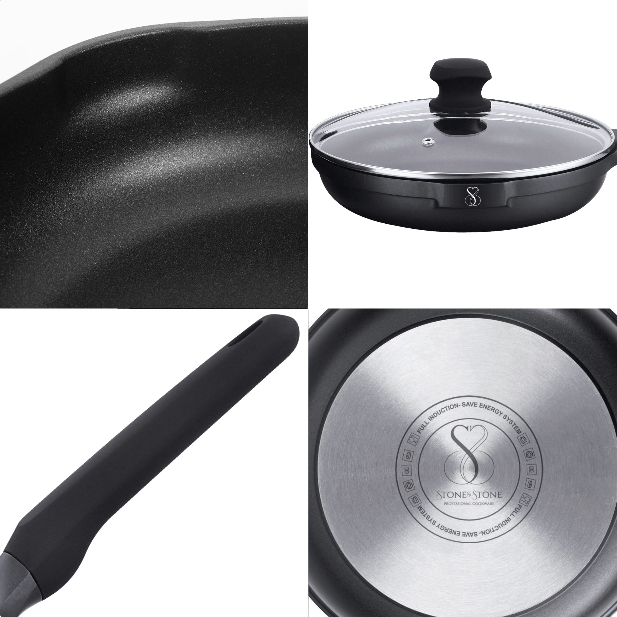 PADELLA 20 CM Antiaderente in pietra fondo a induzione in acciaio, Antiaderente in pietra fondo a induzione in acciaio + coperchio