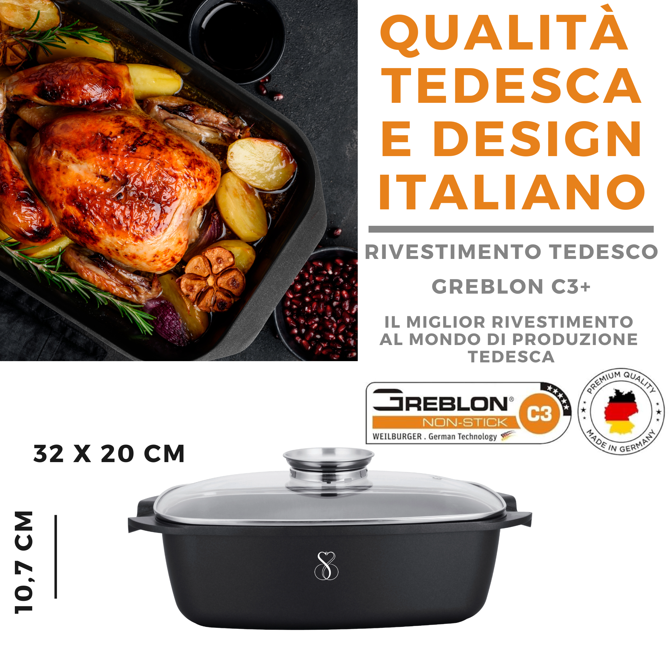 TEGLIA 32X11 CM Pirofila rostiera professionale + coperchio, estremamente Antiaderente in pietra fondo a induzione in acciaio