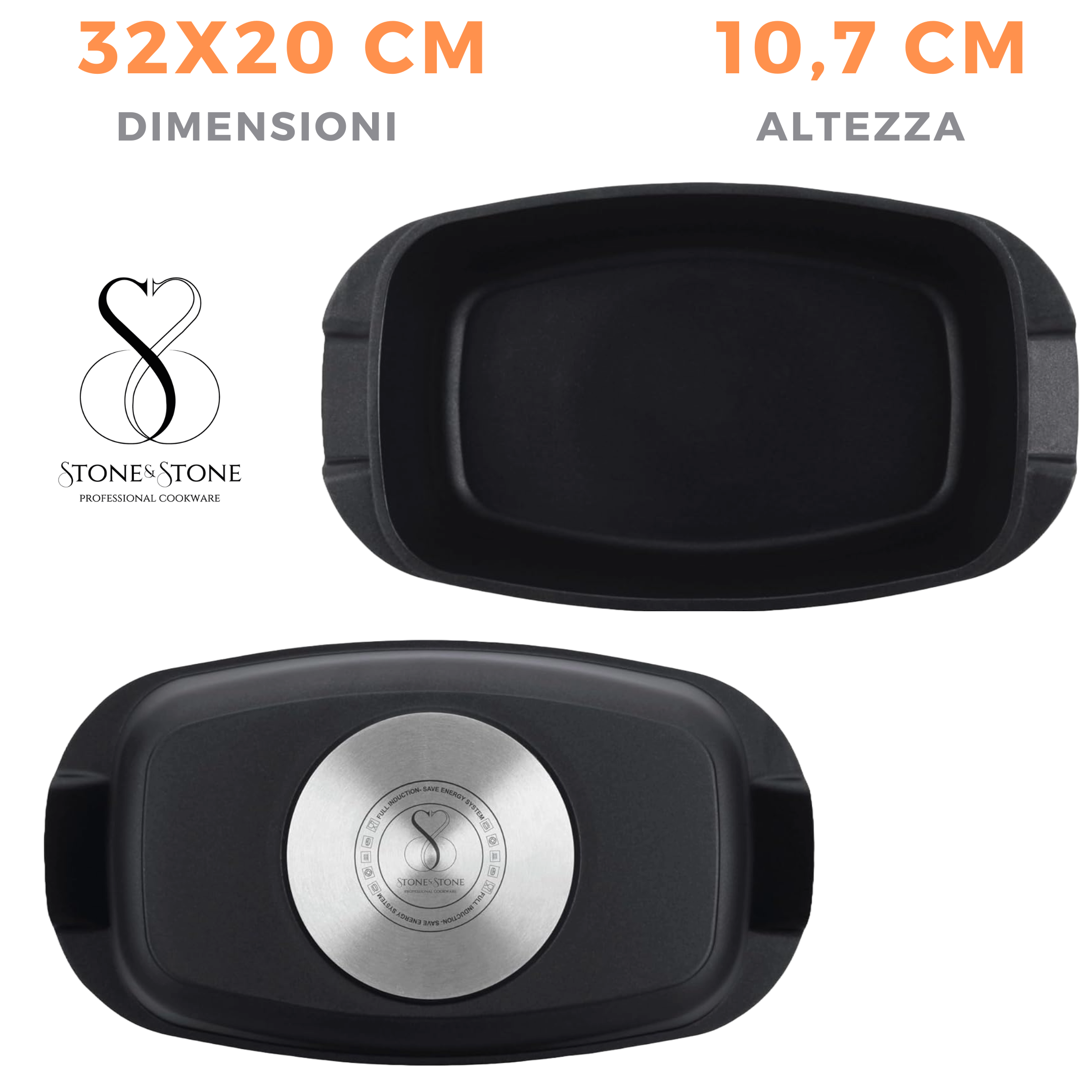 TEGLIA 32X11 CM Pirofila rostiera professionale + coperchio, estremamente Antiaderente in pietra fondo a induzione in acciaio