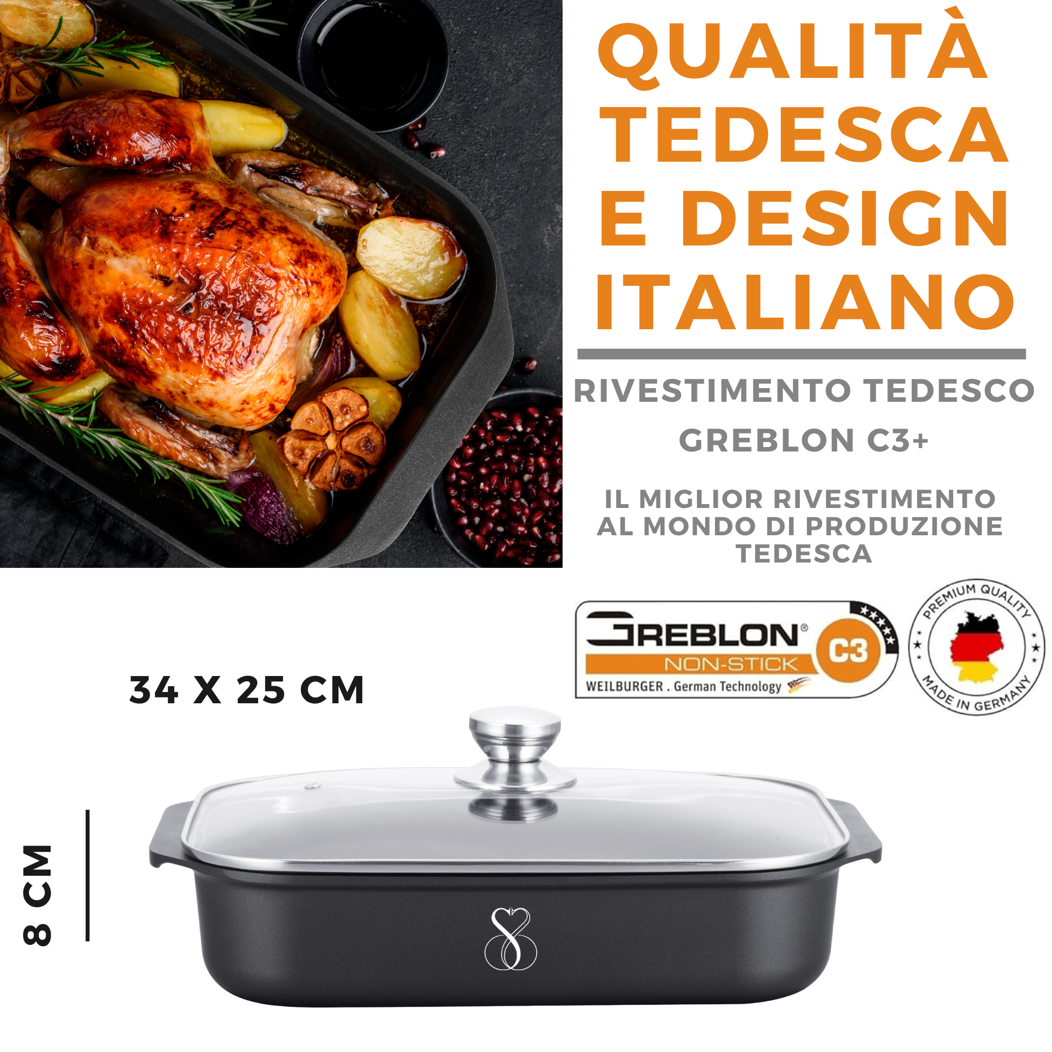 TEGLIA 34X25 CM Pirofila rostiera professionale + coperchio, estremamente Antiaderente in pietra fondo a induzione in acciaio