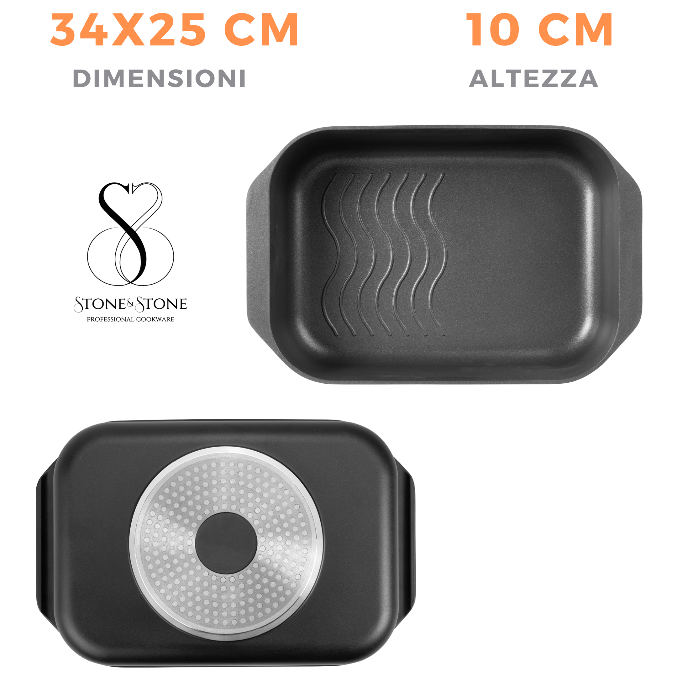 TEGLIA 34X25 CM Pirofila rostiera professionale + coperchio, estremamente Antiaderente in pietra fondo a induzione in acciaio