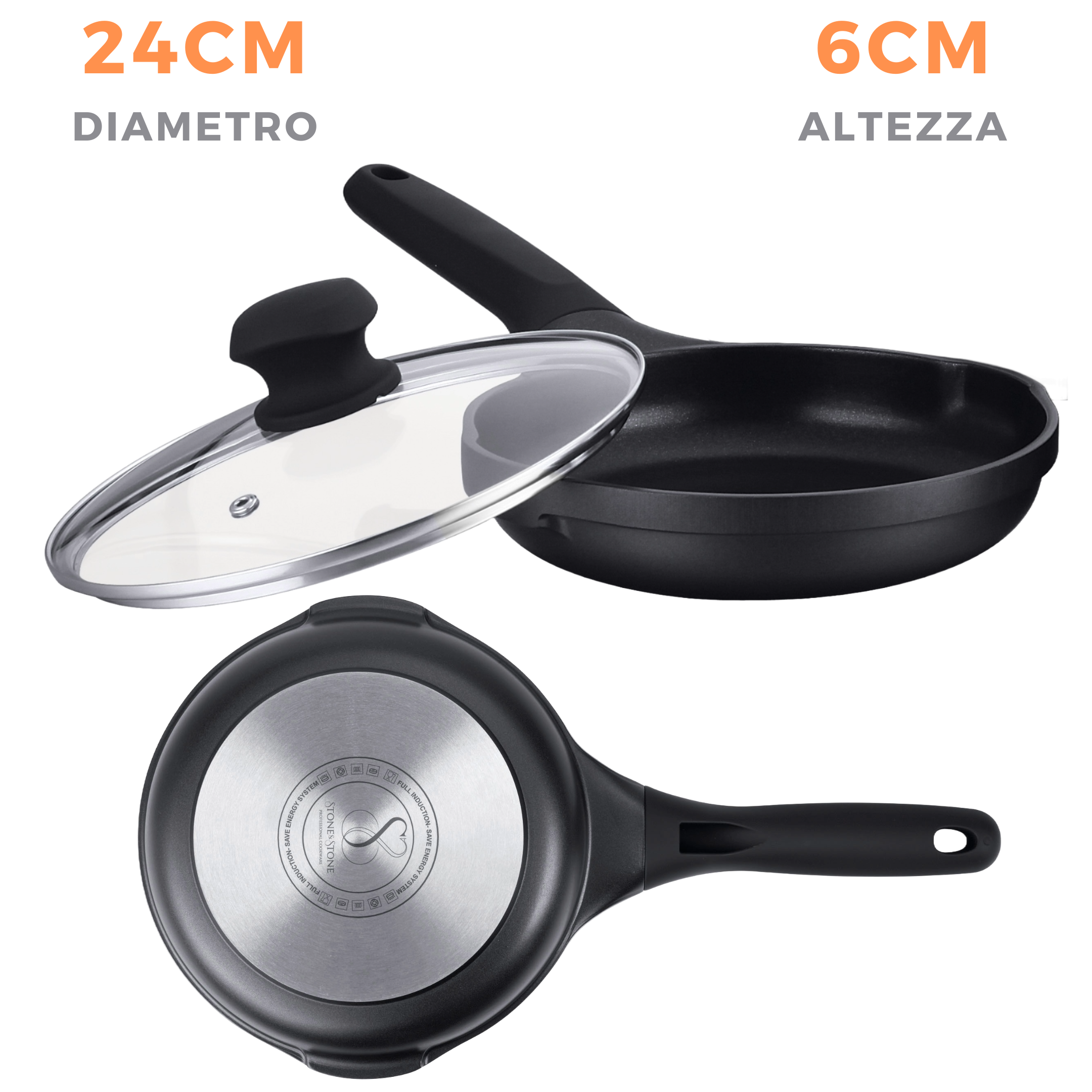 PADELLA 24 CM Antiaderente in pietra fondo a induzione in acciaio, Antiaderente in pietra fondo a induzione in acciaio + coperchio