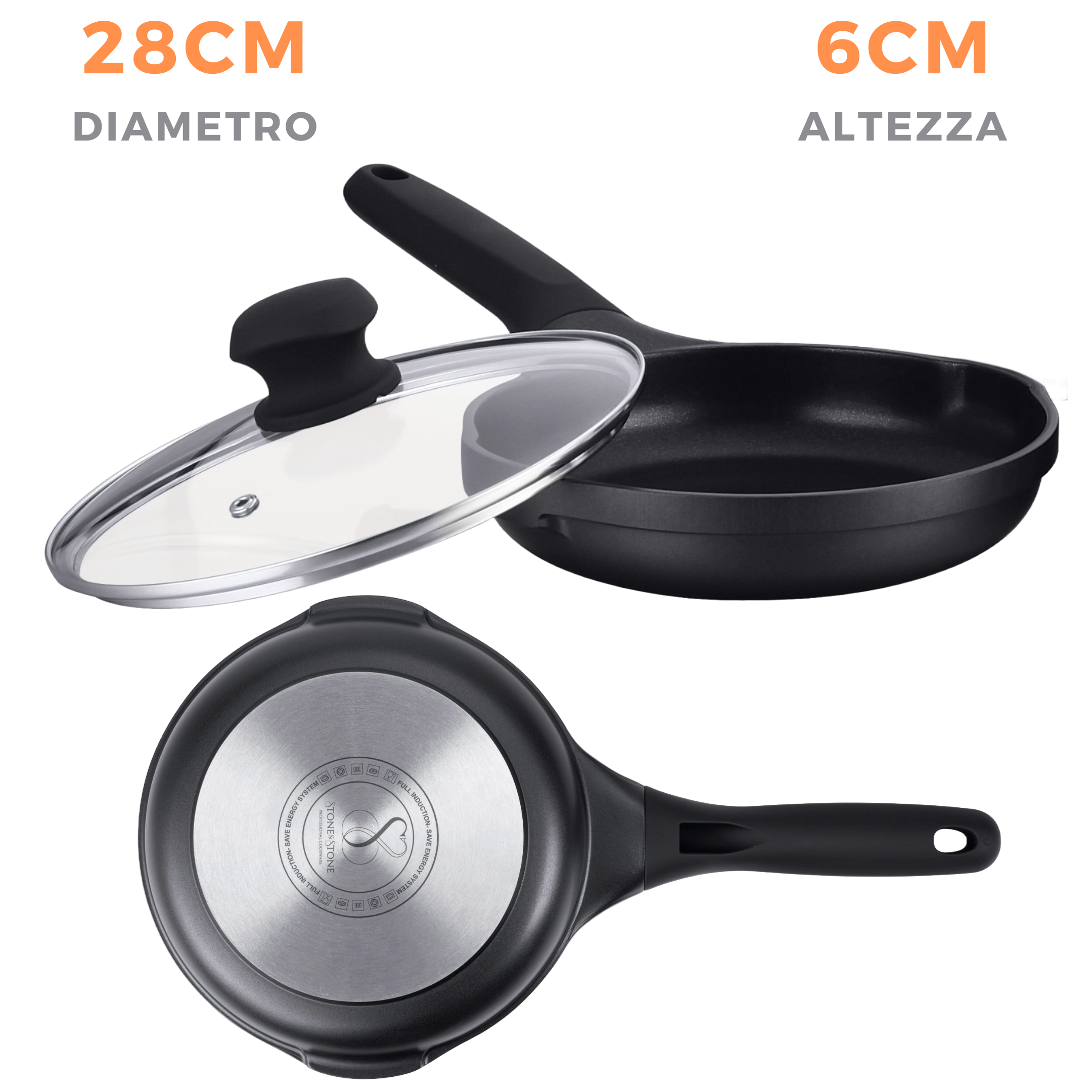 PADELLA 28 CM Antiaderente in pietra fondo a induzione in acciaioAntiaderente in pietra, fondo a induzione in acciaio + coperchio