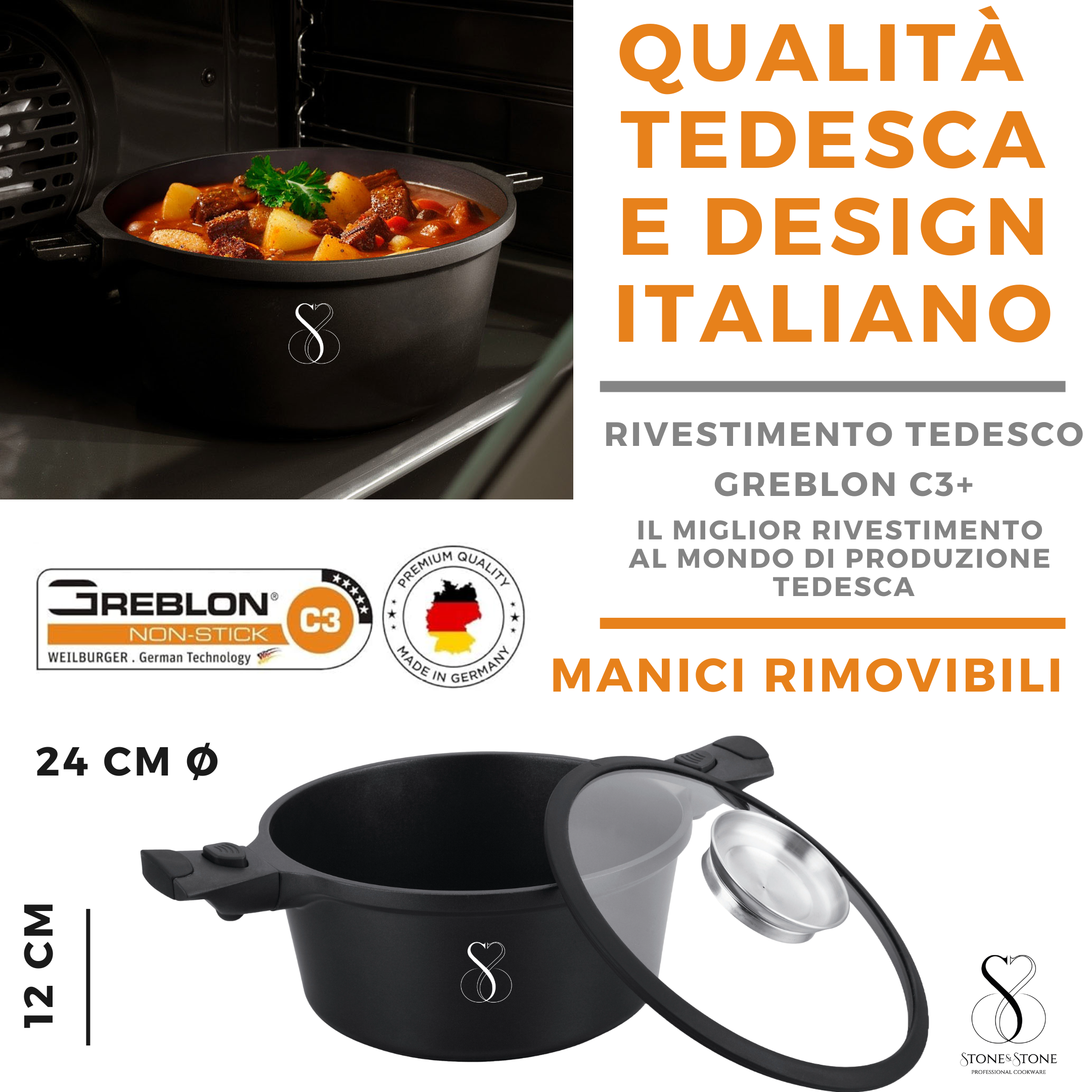 PENTOLA 24 CM induzione in pietra SUPER antiaderente pentola casseruola cuoci pasta con fondo in acciaio + coperchio