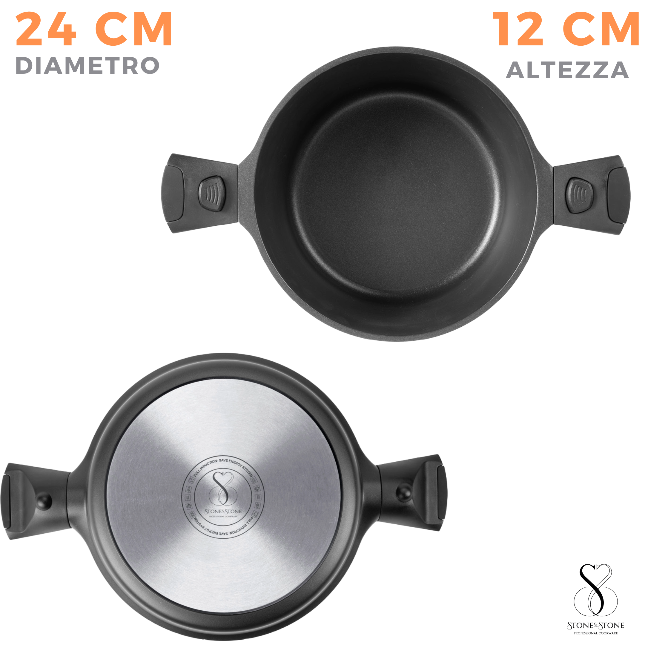 PENTOLA 24 CM induzione in pietra SUPER antiaderente pentola casseruola cuoci pasta con fondo in acciaio + coperchio