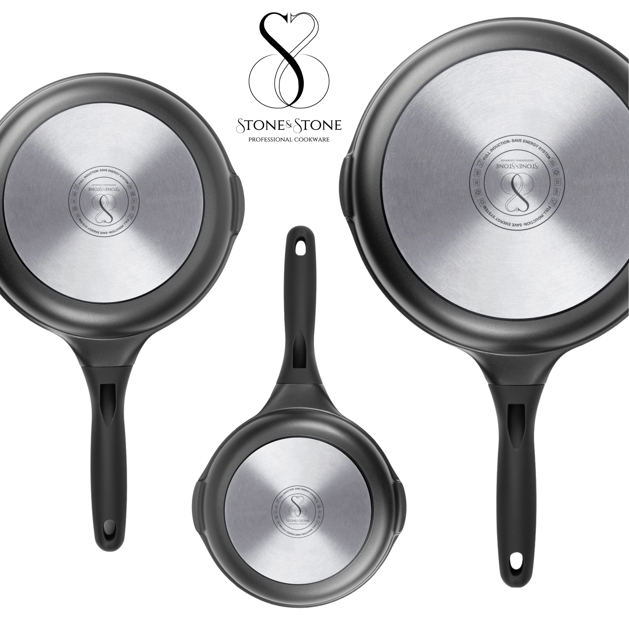 SET DI PADELLE 20-24-28 CM Antiaderente in pietra fondo a induzione in acciaio + coperchio