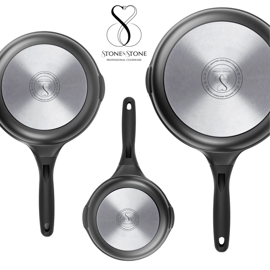 SET DI PADELLE 20-24-28 CM Antiaderente in pietra fondo a induzione in acciaio + coperchio