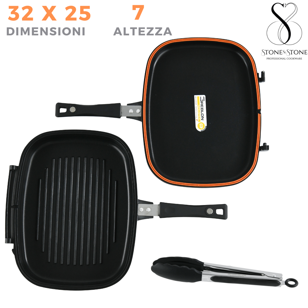 DOPPIA GRIGLIA Bistecchiera-Piastra PROFESSIONALE in Pietra Estremamente Antiaderente