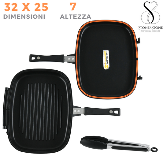 DOPPIA GRIGLIA Bistecchiera-Piastra PROFESSIONALE in Pietra Estremamente Antiaderente