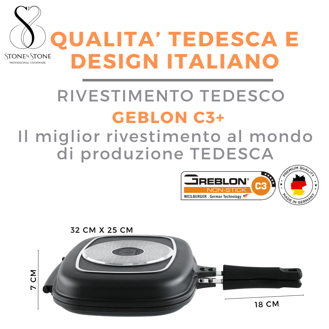 DOPPIA GRIGLIA Bistecchiera-Piastra PROFESSIONALE in Pietra Estremamente Antiaderente