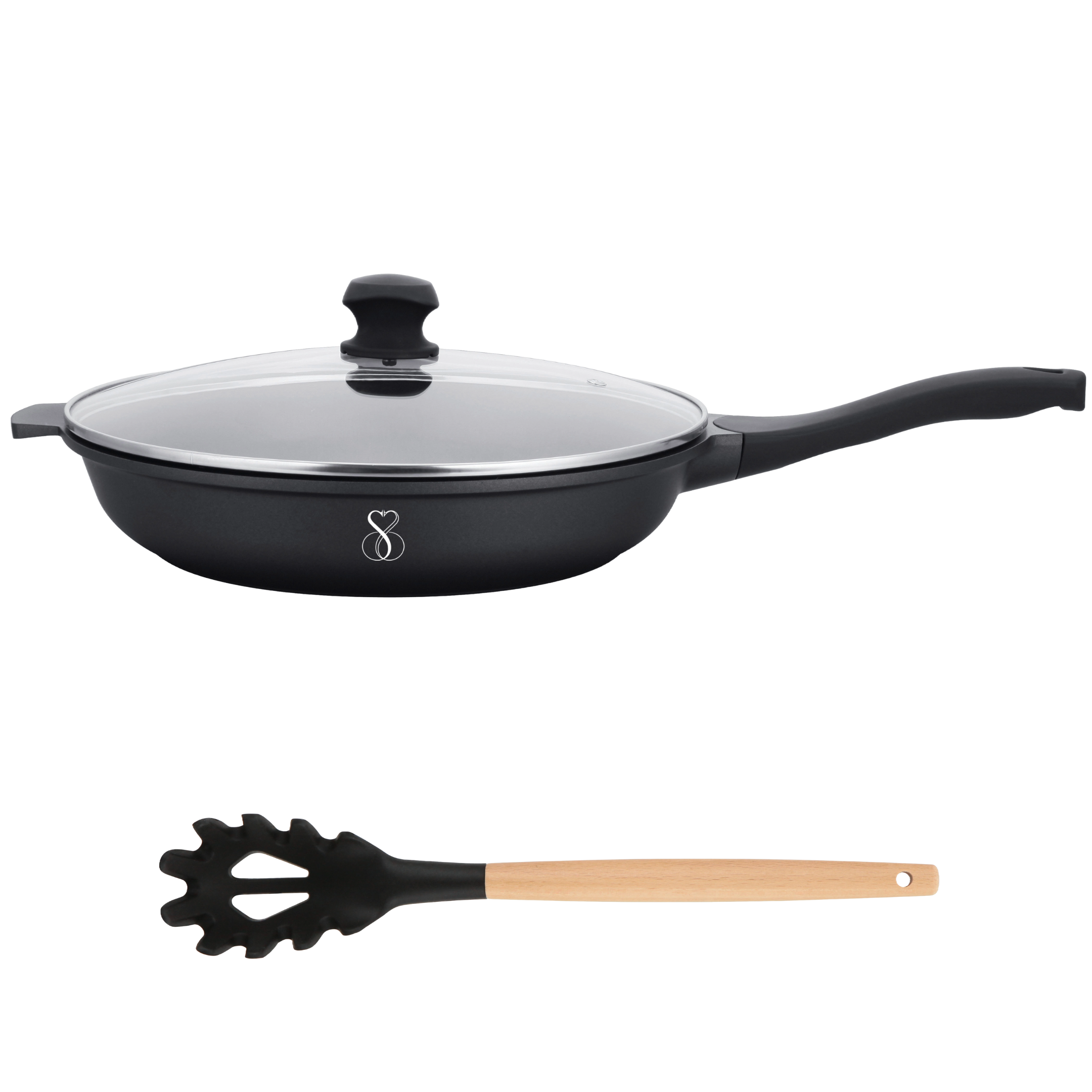 PADELLA 32 CM Antiaderente in pietra fondo a induzione in acciaioAntiaderente in pietra, fondo a induzione in acciaio + coperchio + forchettone in silicone