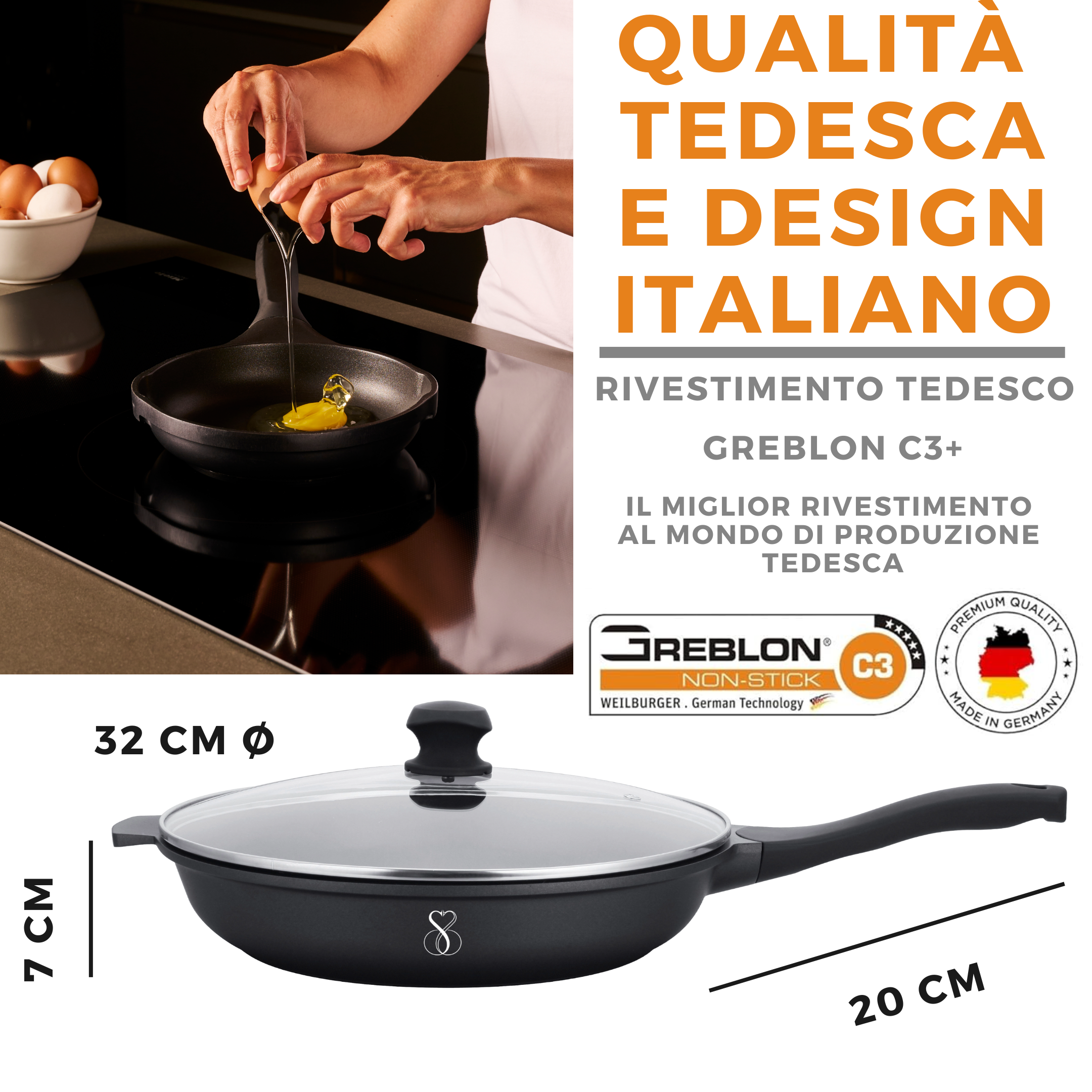 PADELLA 32 CM Antiaderente in pietra fondo a induzione in acciaioAntiaderente in pietra, fondo a induzione in acciaio + coperchio + forchettone in silicone