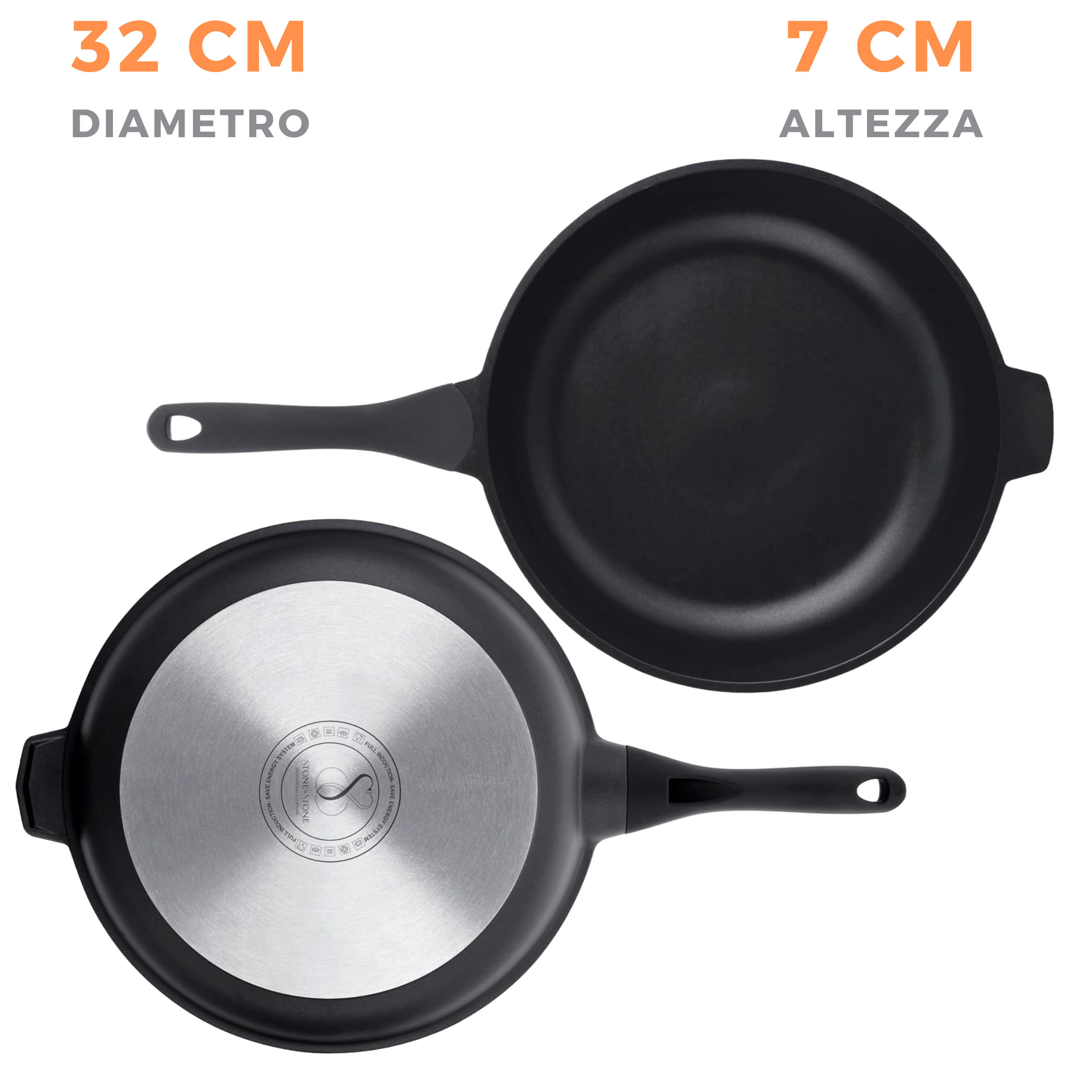 PADELLA 32 CM Antiaderente in pietra fondo a induzione in acciaioAntiaderente in pietra, fondo a induzione in acciaio + coperchio + forchettone in silicone