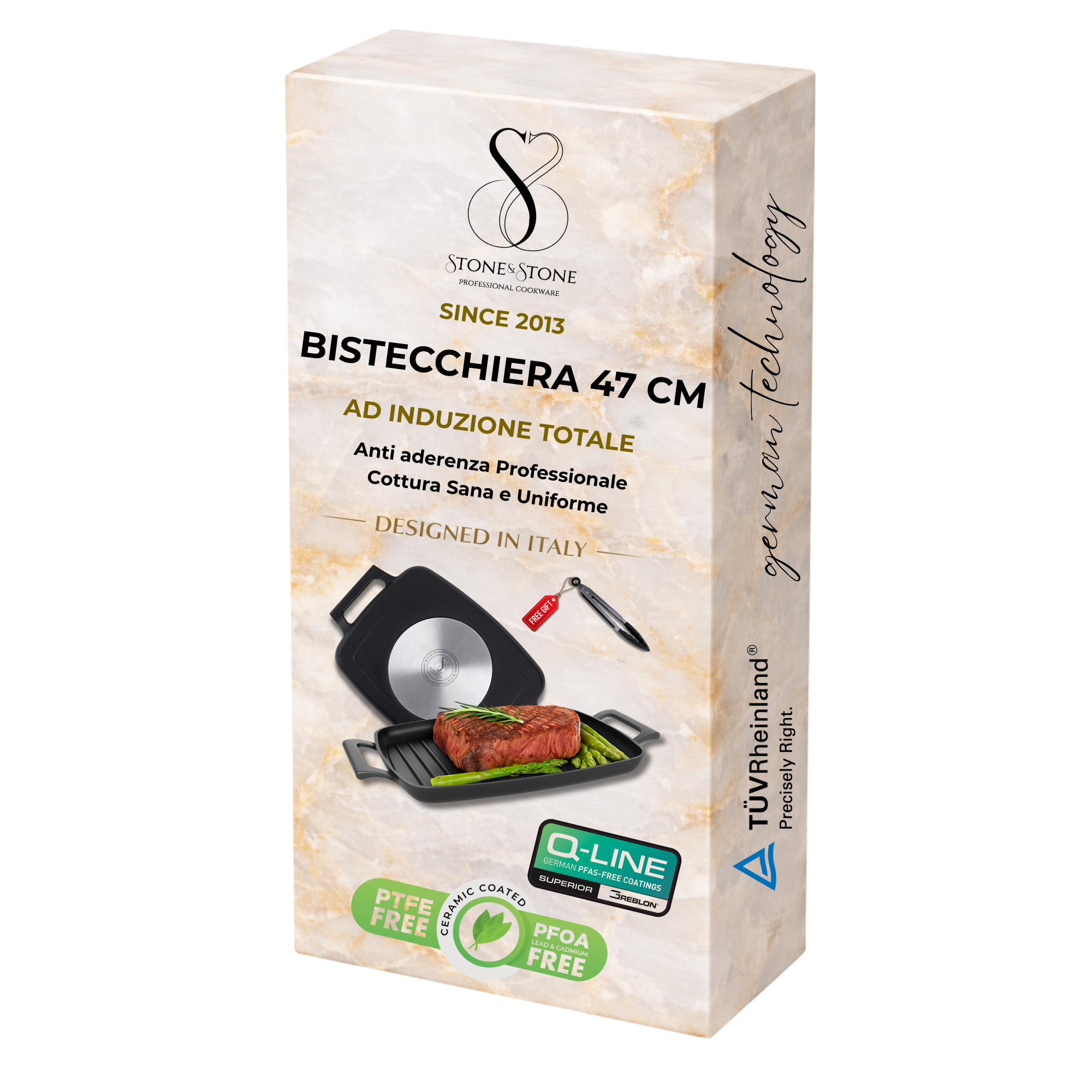 Stone&Stone Piastra Grill Induzione Rettangolare, Bistecchiera BBQ Professionale Super Antiaderente, Rivestimento Tedesco Greblon, Fondo Acciaio Pieno, Forno e Gas, Senza PFAS, PTFE e PFOA + pinza
