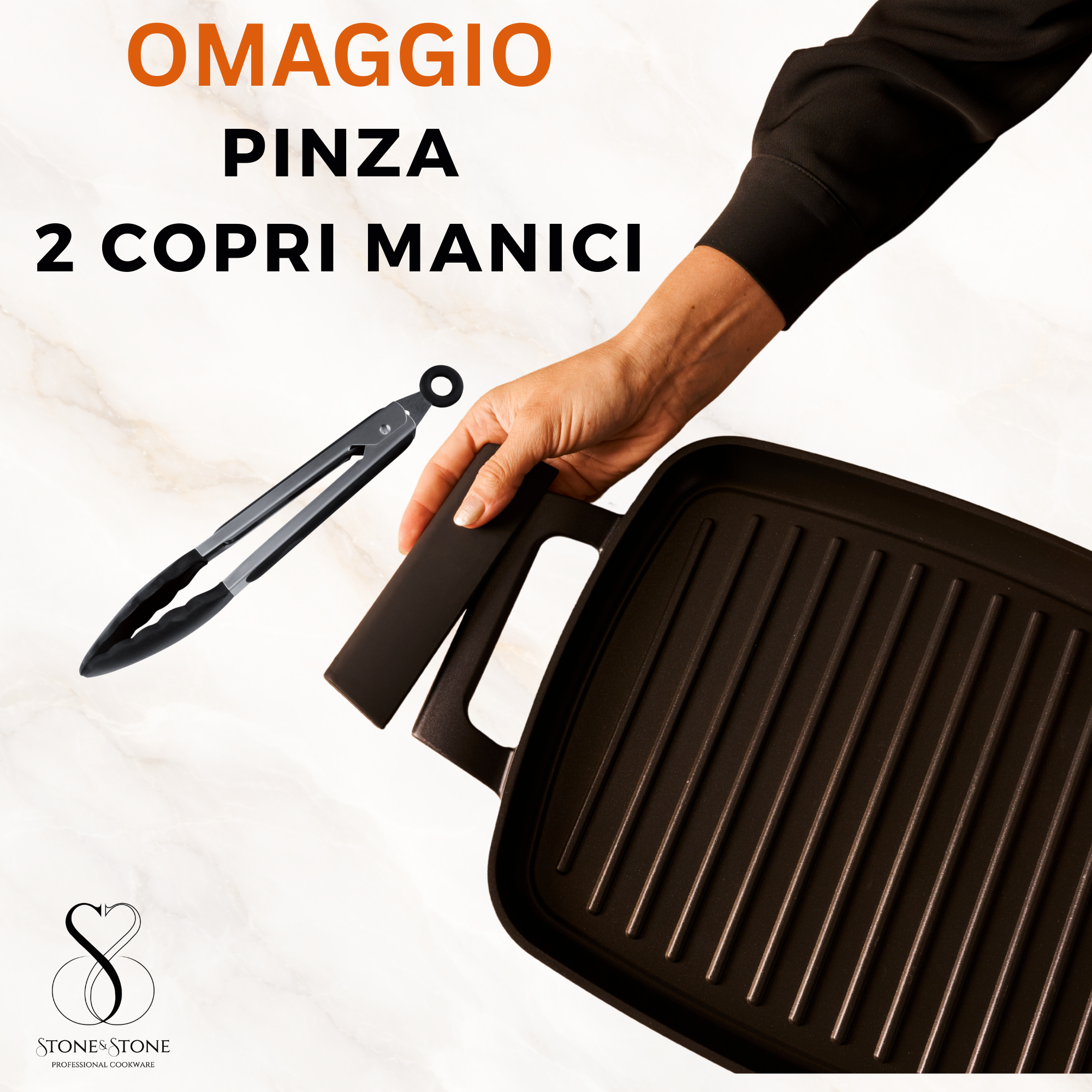 Stone&Stone Piastra Grill Induzione Rettangolare, Bistecchiera BBQ Professionale Super Antiaderente, Rivestimento Tedesco Greblon, Fondo Acciaio Pieno, Forno e Gas, Senza PFAS, PTFE e PFOA + pinza