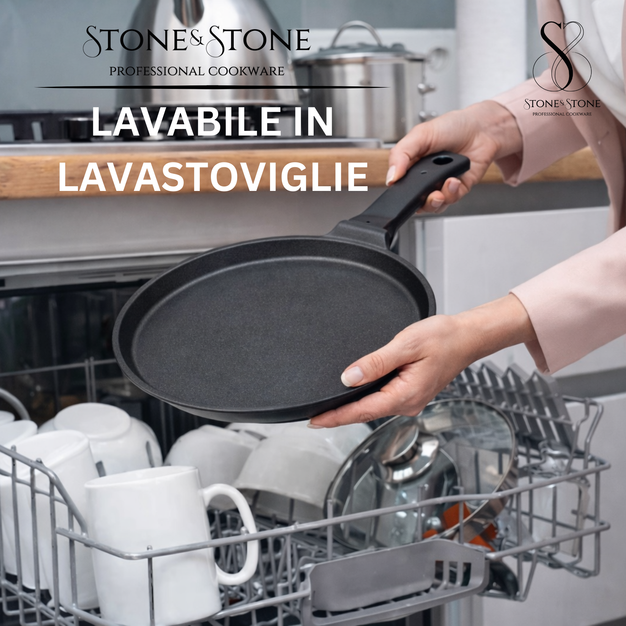 Stone&Stone Padella per Crepes e Pancake 26cm super Antiaderente per Induzione e gas | Crepiera con rivestimento Ceramico Tedesco | Senza PFOA PFAS PTFE | Spatola e Stendi Pastella Inclusi