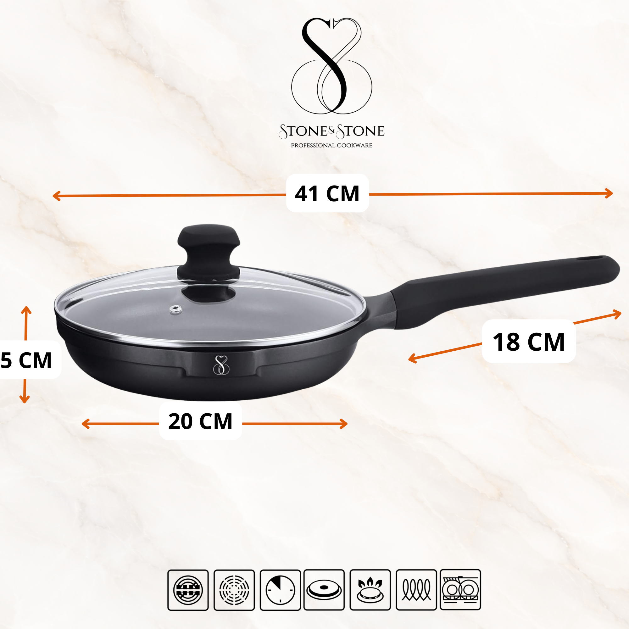 Stone&Stone Padella Antiaderente 20 cm, Rivestimento Tedesco GREBLON Q-LINE CK 3000 Superior, Fondo in Acciaio per Induzione e Gas, Senza PFAS, PTFE e PFOA, con Coperchio