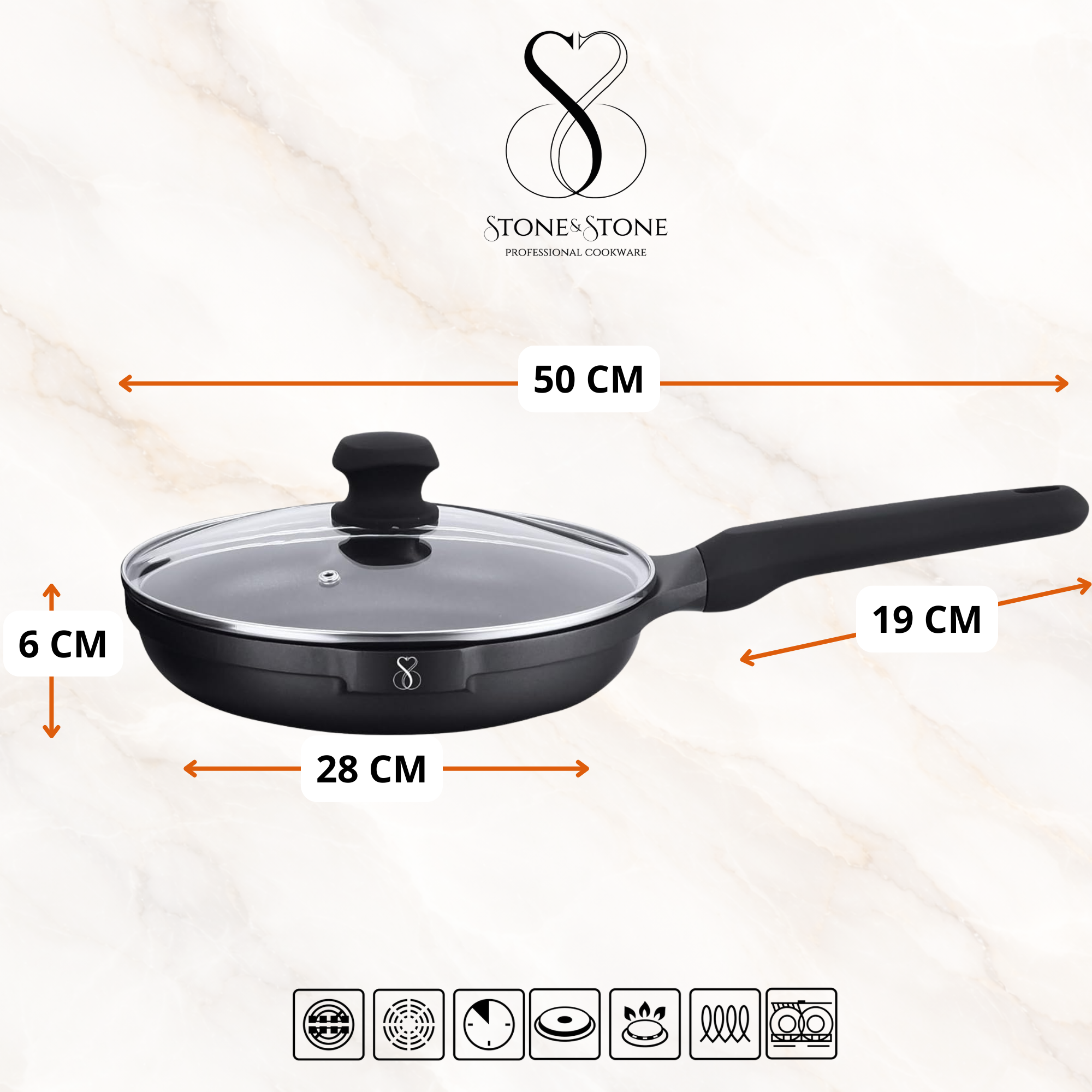 Stone&Stone Padella 28 cm per Induzione e gas | Super Antiaderente Ceramico Tedesco Professionale | Priva PFOA - PFAS - PTFE | Fondo in acciaio pieno | Coperchio in Vetro + Cucchiaio