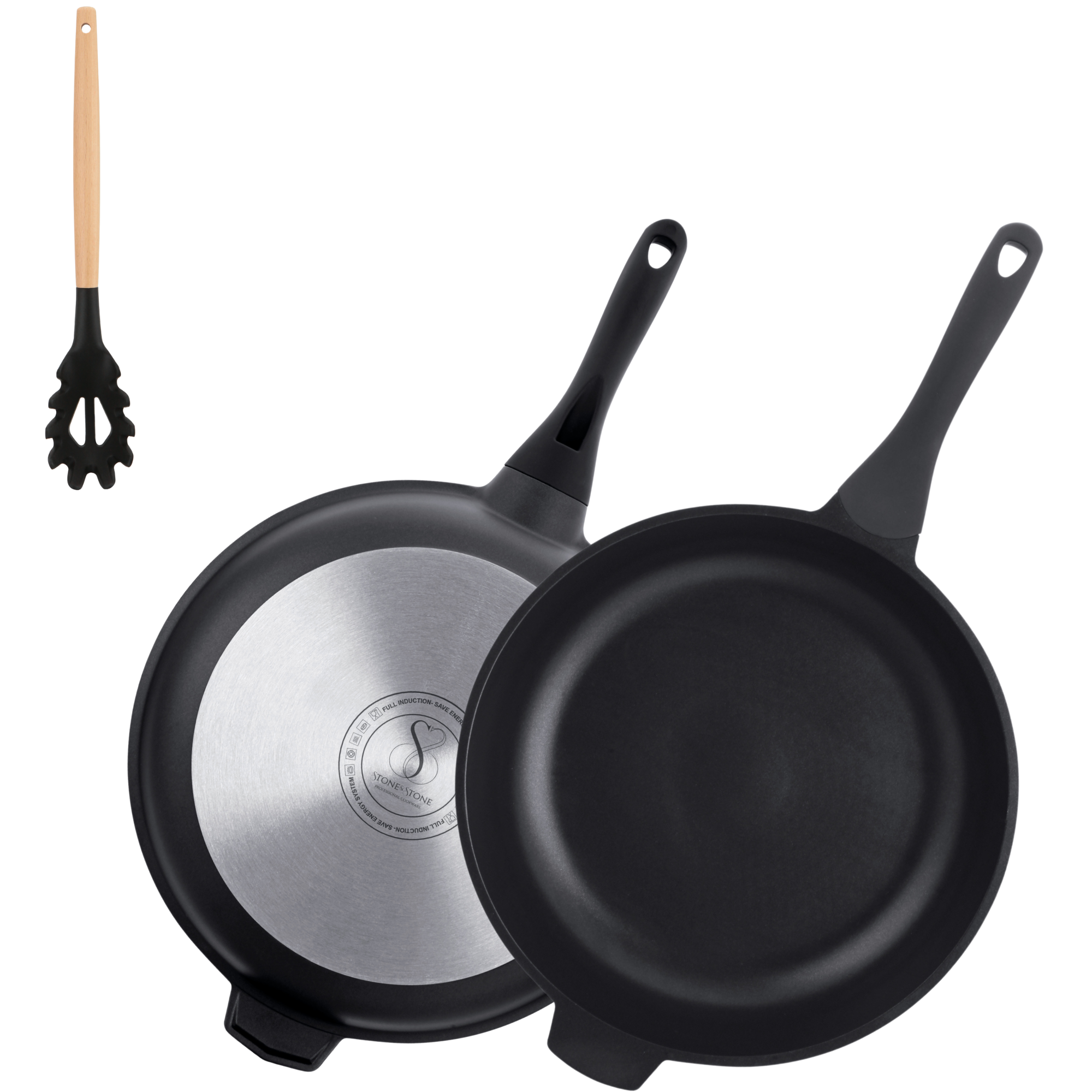 Stone&Stone Padella Antiaderente 32 cm, Rivestimento Tedesco GREBLON Q-LINE CK 3000 Superior, Ampia Superficie di Cottura, Fondo Acciaio Pieno per Induzione e Gas, NO PFAS e PTFE + Coperchio e Mestolo