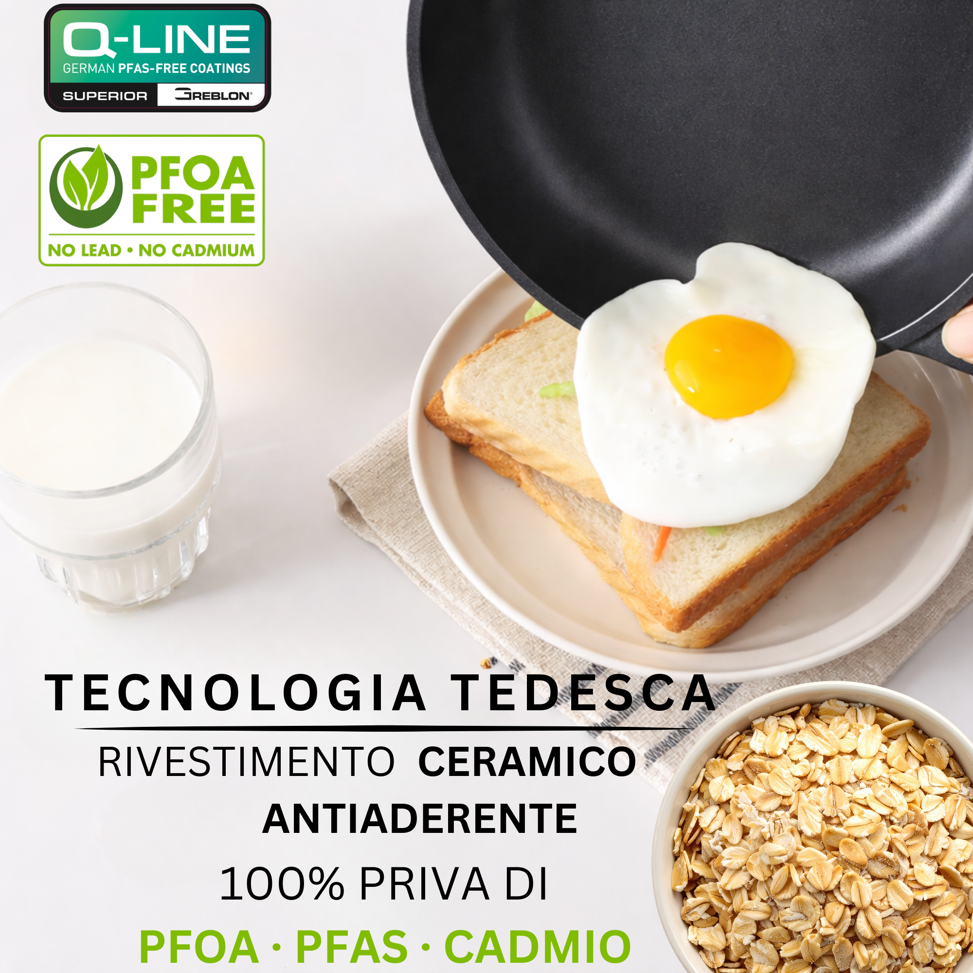 Stone&Stone Padella Antiaderente 32 cm, Rivestimento Tedesco GREBLON Q-LINE CK 3000 Superior, Ampia Superficie di Cottura, Fondo Acciaio Pieno per Induzione e Gas, NO PFAS e PTFE + Coperchio e Mestolo