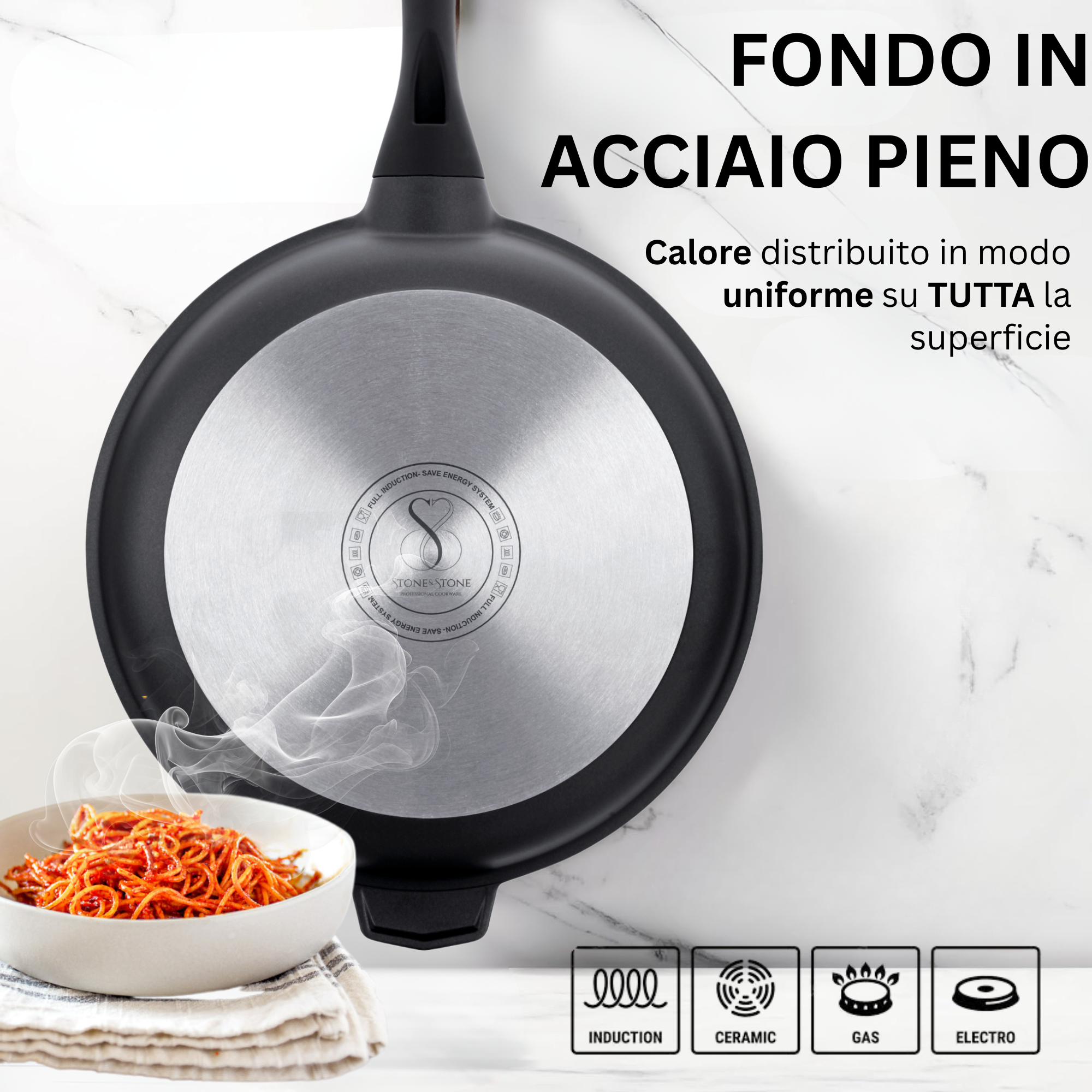Stone&Stone Padella Antiaderente 32 cm, Rivestimento Tedesco GREBLON Q-LINE CK 3000 Superior, Ampia Superficie di Cottura, Fondo Acciaio Pieno per Induzione e Gas, NO PFAS e PTFE + Coperchio e Mestolo