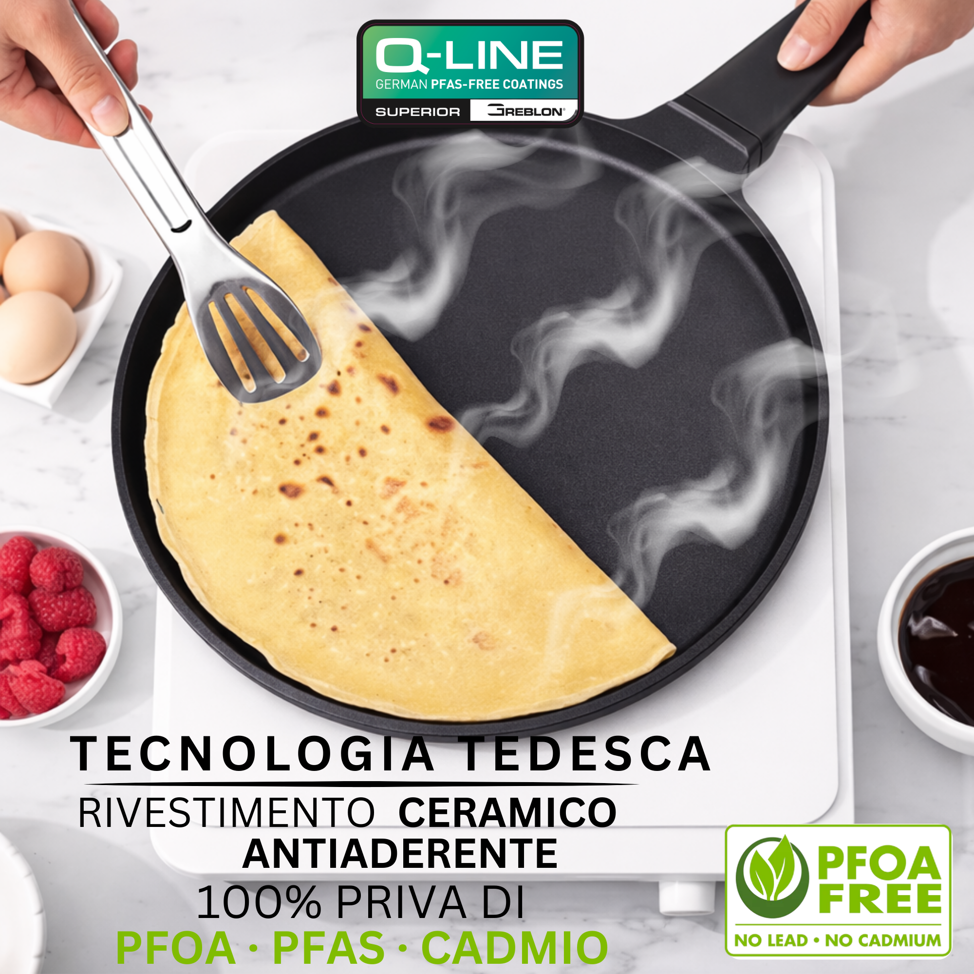 Stone&Stone Padella per Crepes e Pancake 26cm super Antiaderente per Induzione e gas | Crepiera con rivestimento Ceramico Tedesco | Senza PFOA PFAS PTFE | Spatola e Stendi Pastella Inclusi