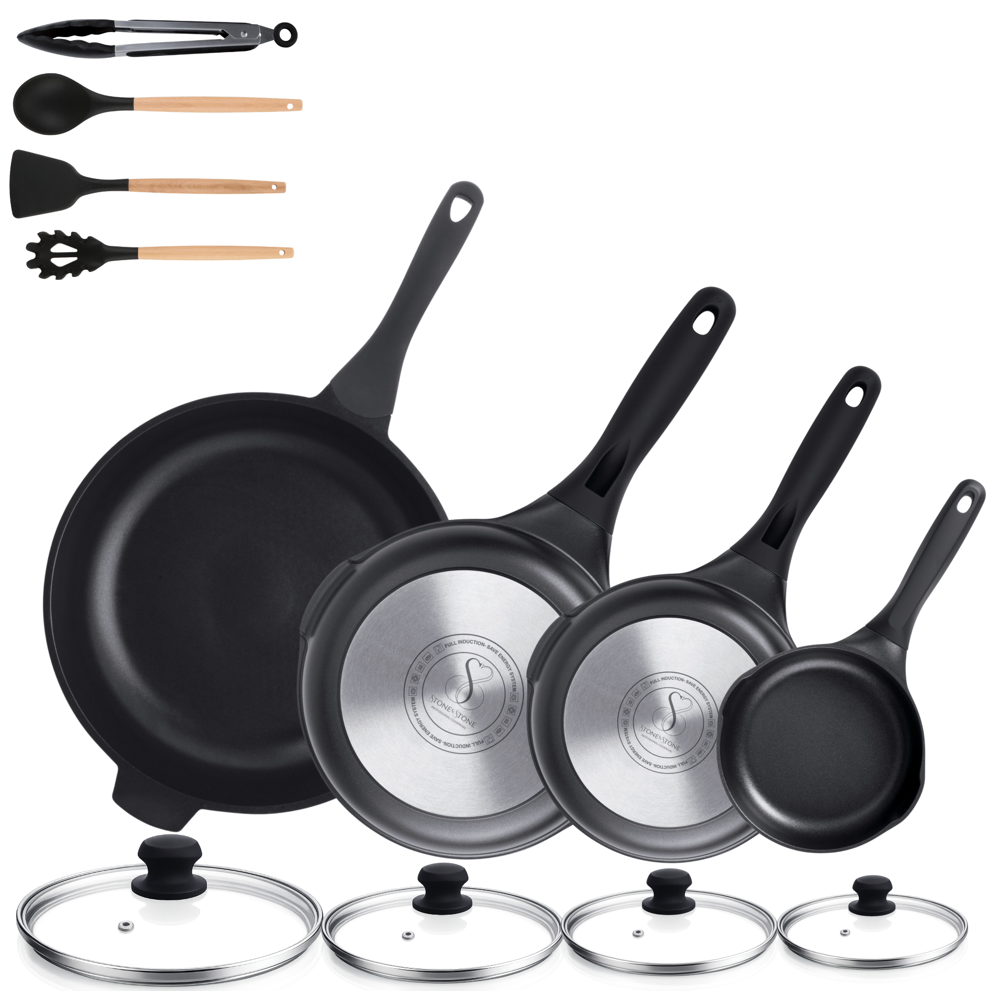 Stone&Stone Set 4 Padelle Antiaderenti 20cm/24cm/28cm/32cm, Batteria di Padelle Professionale, Induzione e Gas, Rivestimento Tedesco Super Antiaderente, Senza PFAS, PTFE e PFOA + 4 Coperchi 4 Utensili